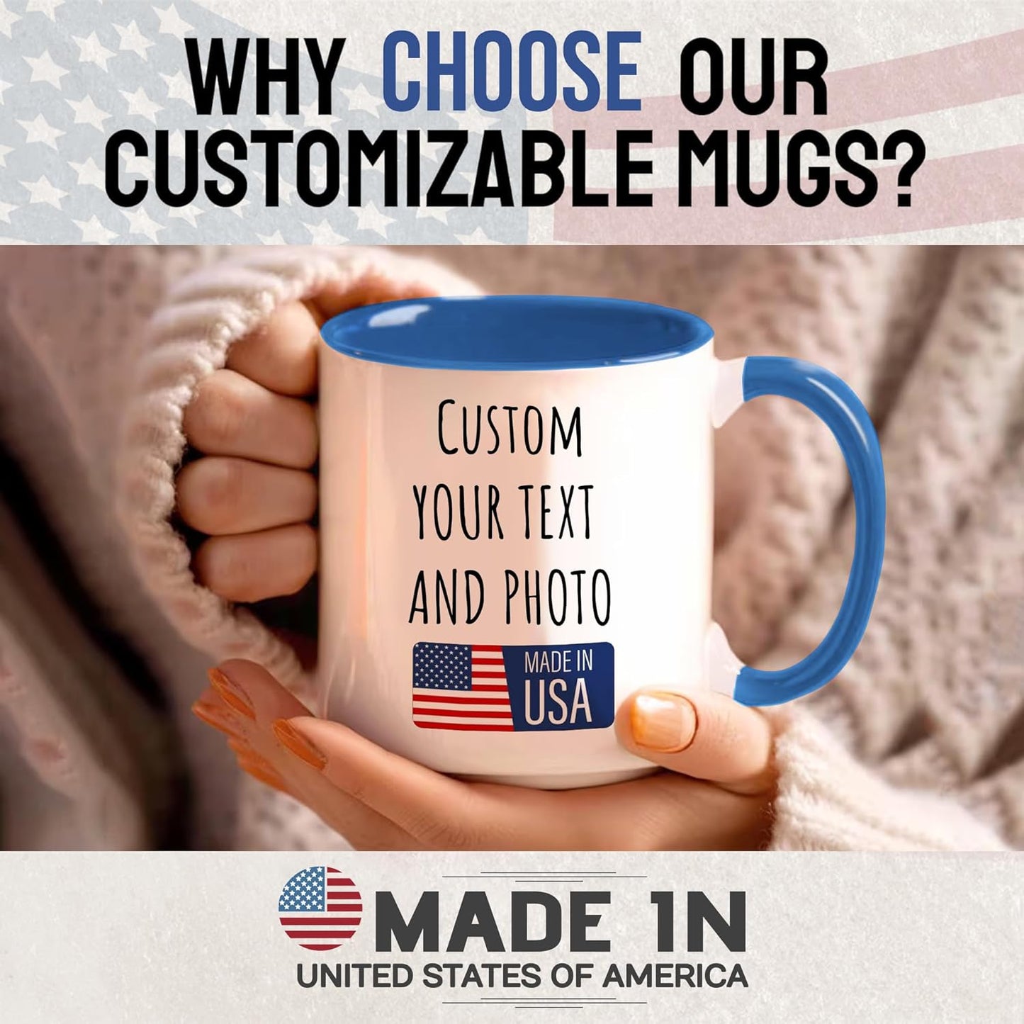 Custom Mug Upload Your Picture Personalized Coffee Mug with Photo Text Name Customized Cup Unique Ideas Gifts for Men Women Mom Dad Halloween Christmas Thanksgiving Friend Family (Blue, 11oz)