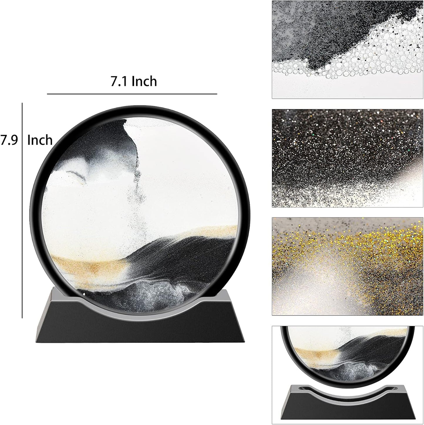 Liquid Motion Sandscape Round Moving Sand Art Sensory Toy Anxiety Fidget ADHD Relaxation Toy Home Office Desktop Decoration (Black, 7-in)
