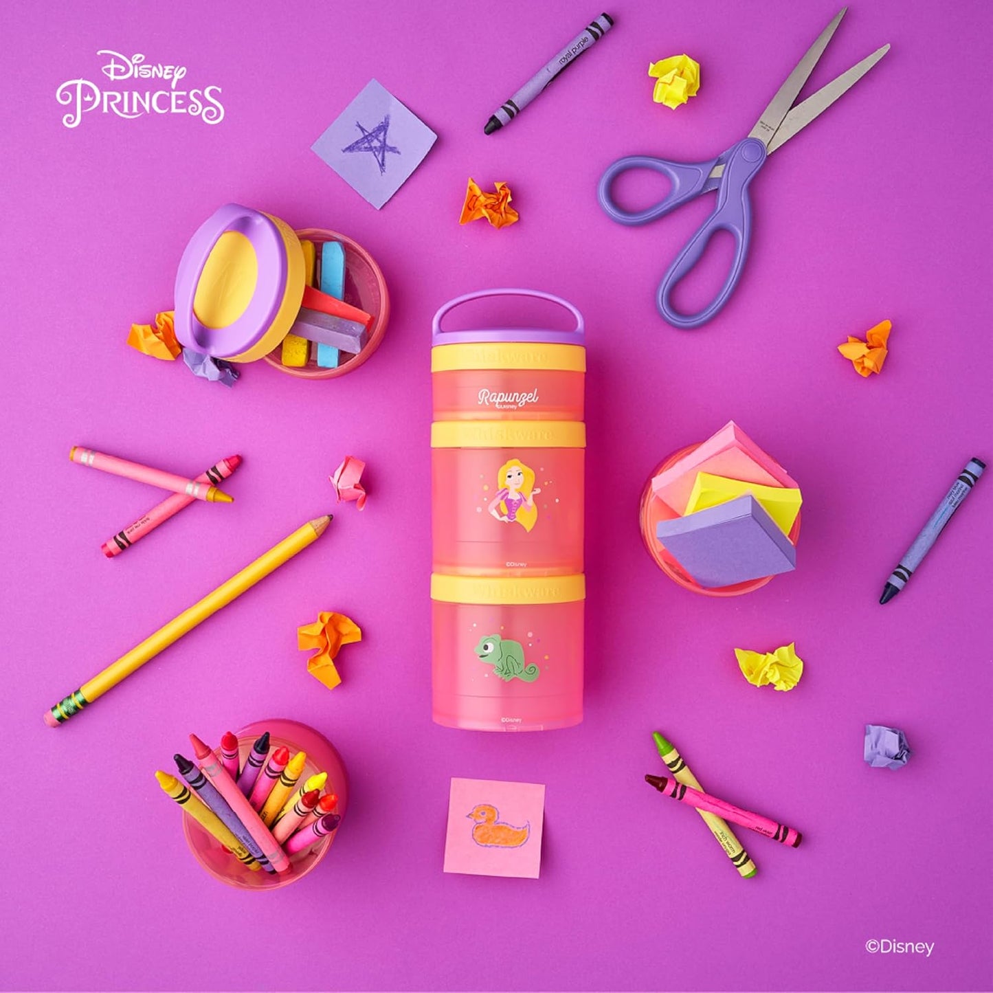 Whiskware Disney Princess Tangled, Stackable Snack Containers for Kids, 3 Stackable Snack Cups for School or Travel, Formula and Cupholder Friendly, Rapunzel and Pascal