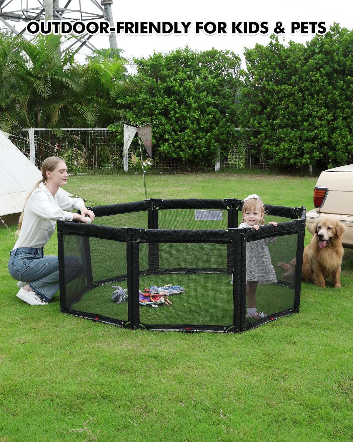 Extra Wide Baby Gate Playpen with Heat-Resistant Mesh,8 Panel Foldable Baby Fence,Indoor/Outdoor Safety Barrier,Dog Playpen & Fireplace Gate