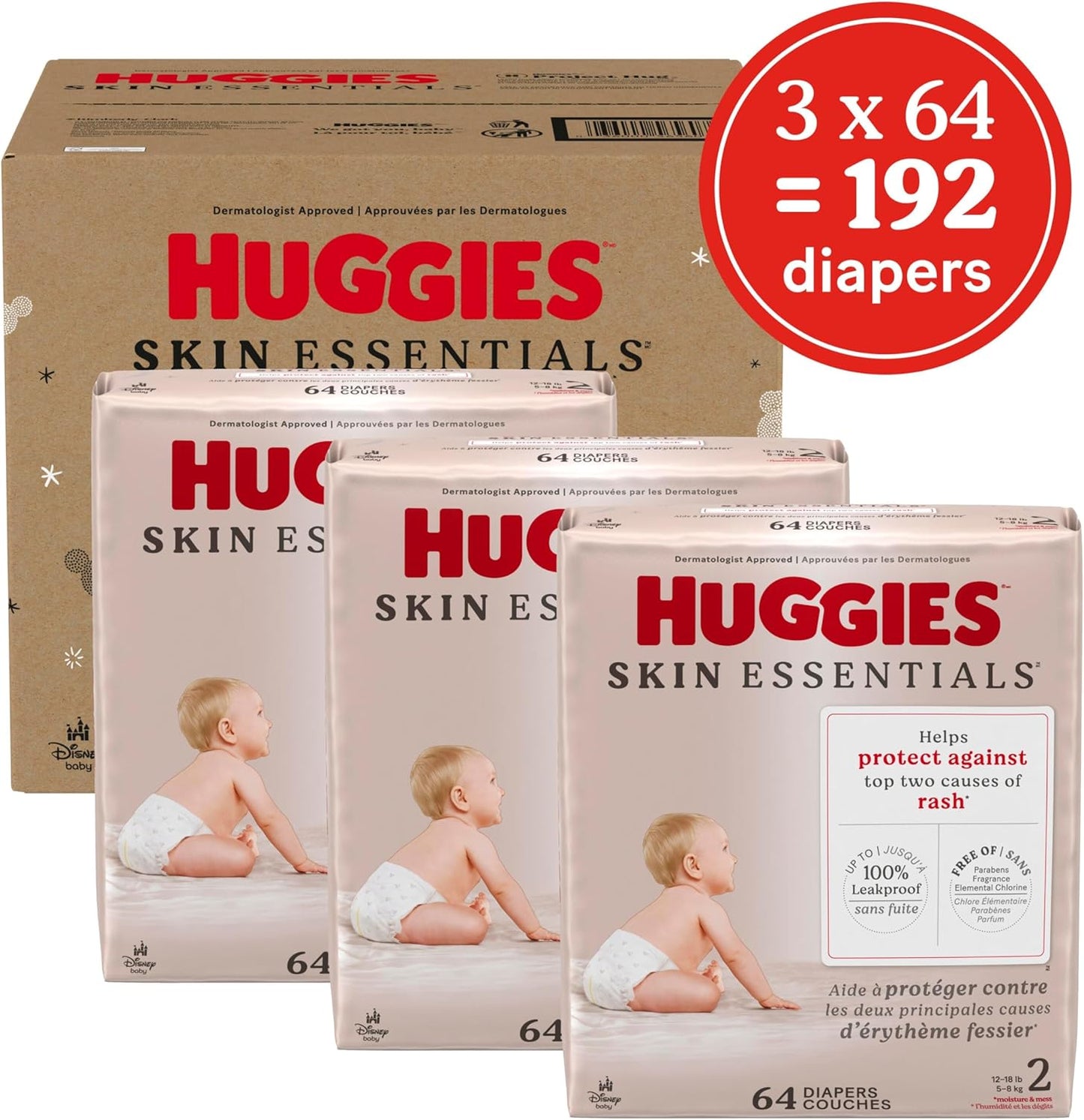 Huggies Size 2 Diapers, Skin Essentials Baby Diapers, Size 2 (12-18 lbs), 192 Count (3 Packs of 64), Packaging May Vary