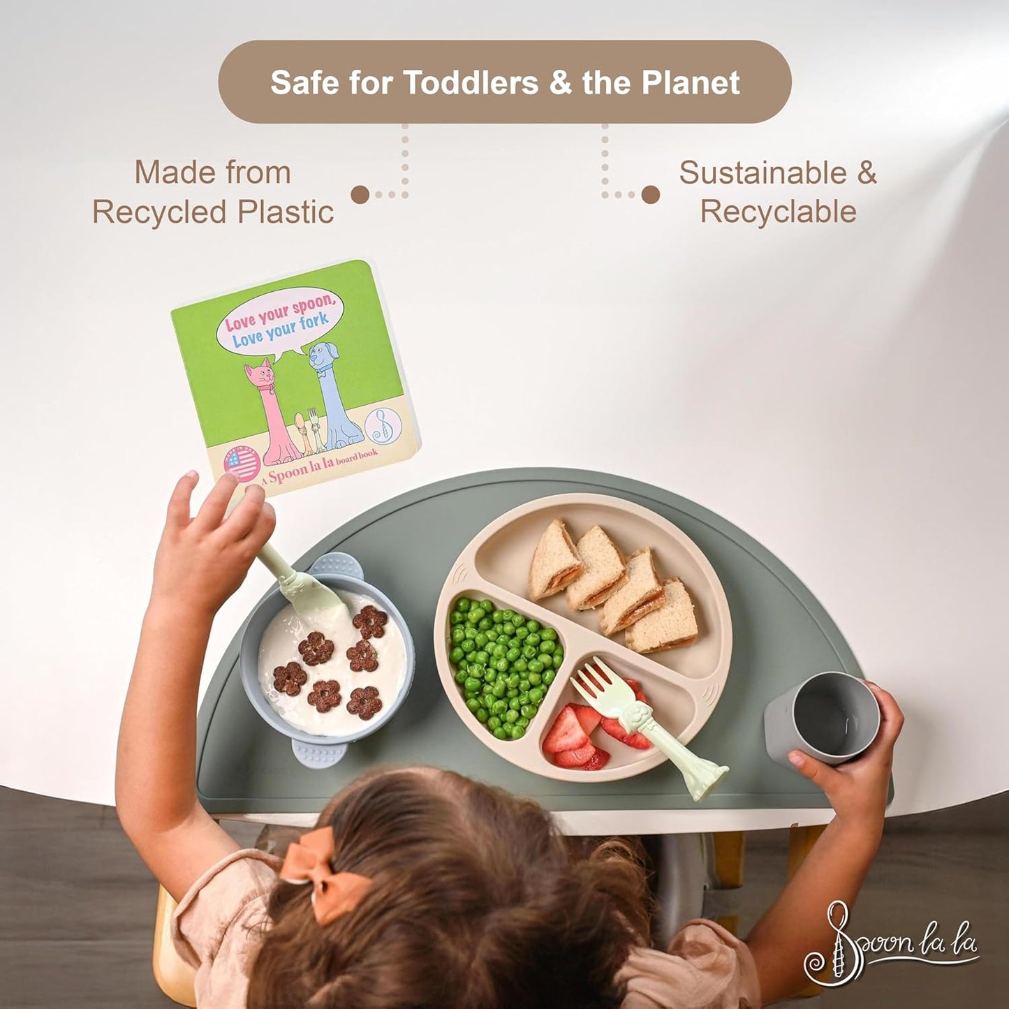 Made in USA Spoon la la Toddler Utensils Set - 6 Pack (3 Spoons & 3 Forks for Kids) - Self-Standing 3D Ergonomic Cat & Dog Handles - BPA-free, Dishwasher Safe, Baby Silverware (Pink, Yellow, Mint)