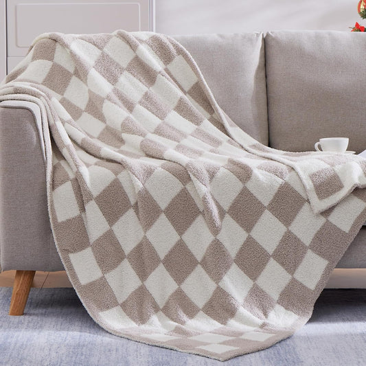 WRENSONGE Checkered Throw Blanket, Taupe Soft Cozy Fluffy Warm Hand Made Throw Blankets for Couch, Sofa, Chair, Bed, Camping, Picnic, Travel Lightweight Bed Blanket - 50"*70"