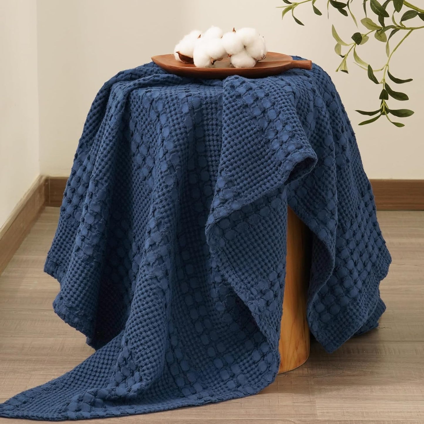 PHF 100% Cotton Waffle Weave Throw Blanket, Soft Lightweight Breathable Cozy Summer Throws for Couch Bed Sofa, Luxury Aesthetic Woven Blanket for Home Decor & Office, 50"x60", Bright Navy