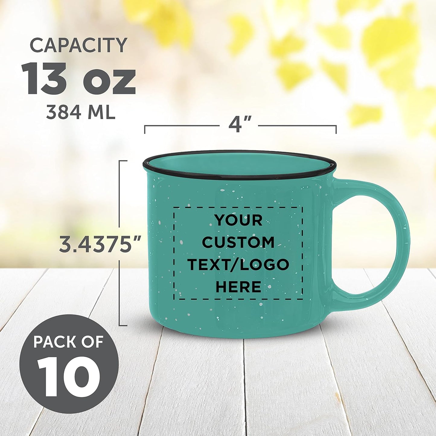 DISCOUNT PROMOS Custom Ceramic Campfire Coffee Mugs 13 oz. Set of 10, Personalized Bulk Pack - Perfect for Tea, Espresso, Cappuccino, Hot Cocoa - Mint