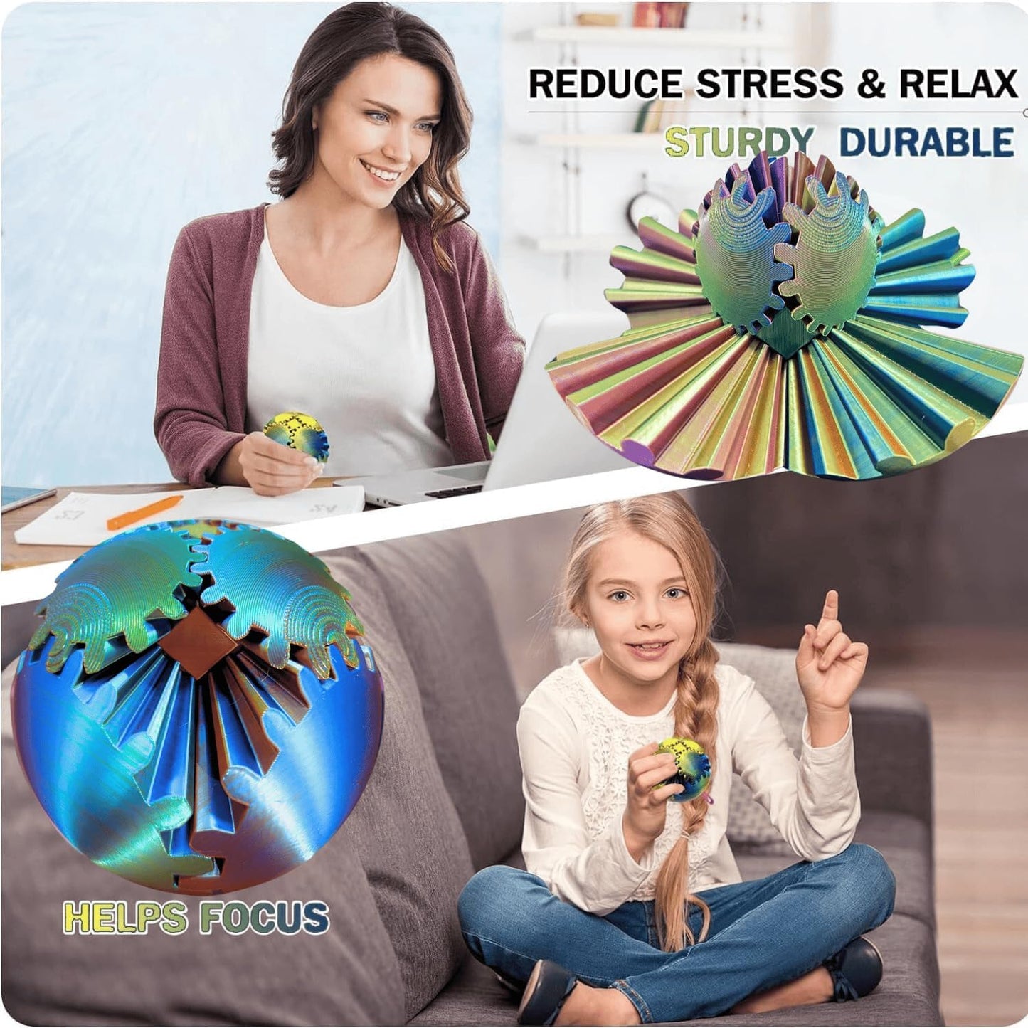 GearSphere 4.2in 3D Printed Gear Sphere Spin Ball Cube Fidget Toy, Stress Ball, Desk Toy for Anxiety Relaxing (Laser Blue Gold)