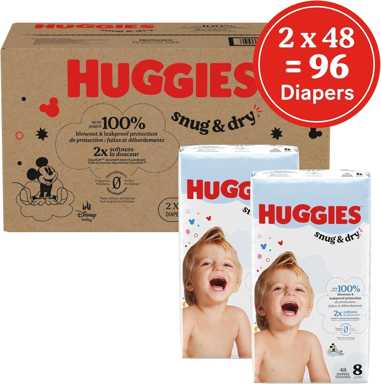 Huggies Size 8 Diapers, Snug & Dry Baby Diapers, Size 8 (46+ lbs), 96 Count (2 Packs of 48), Packaging May Vary