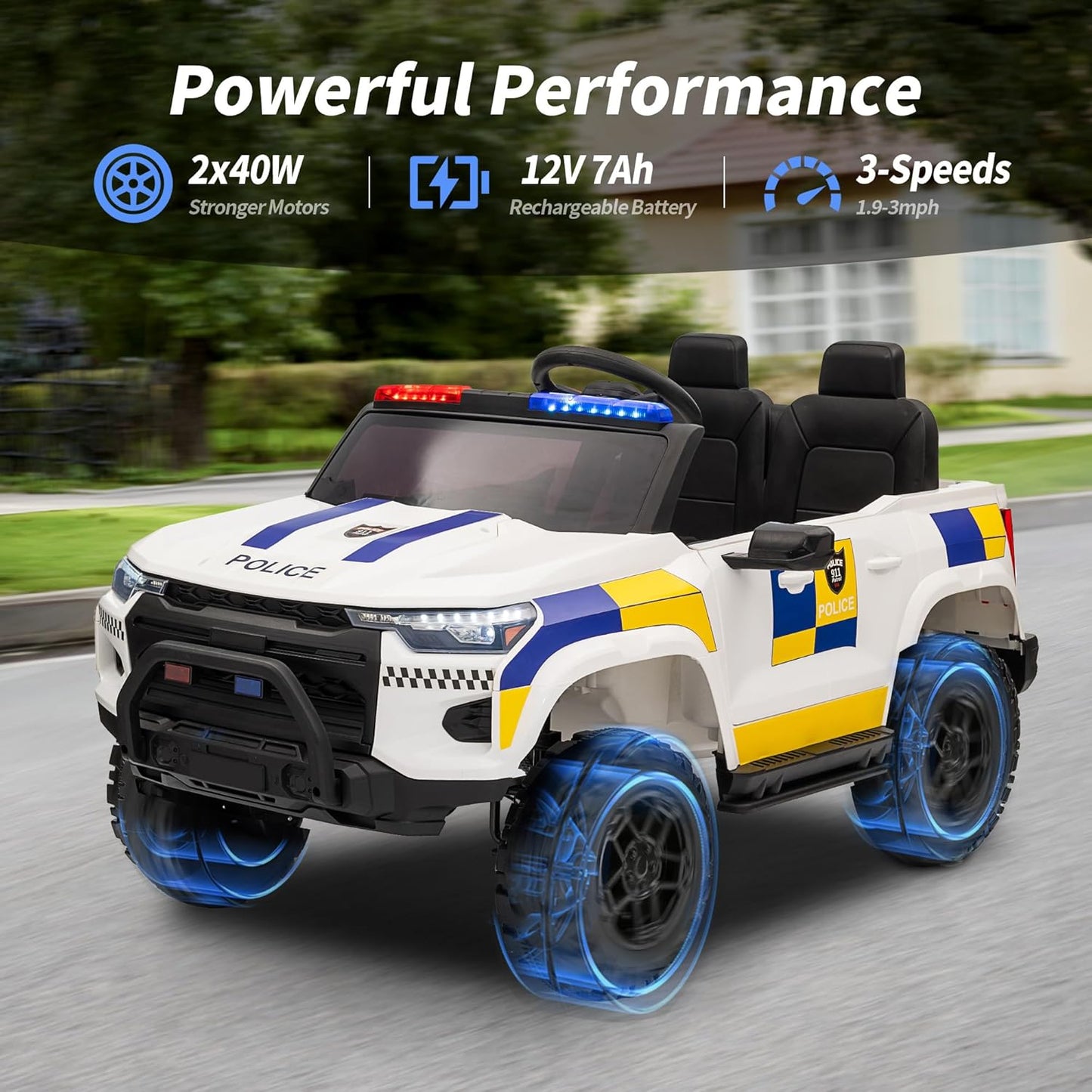 12V 7Ah Electric Police Car Ride on Toy for Big Kids, 2 Seater Kids Ride on Car SUV w/Remote Control, Bluetooth - White