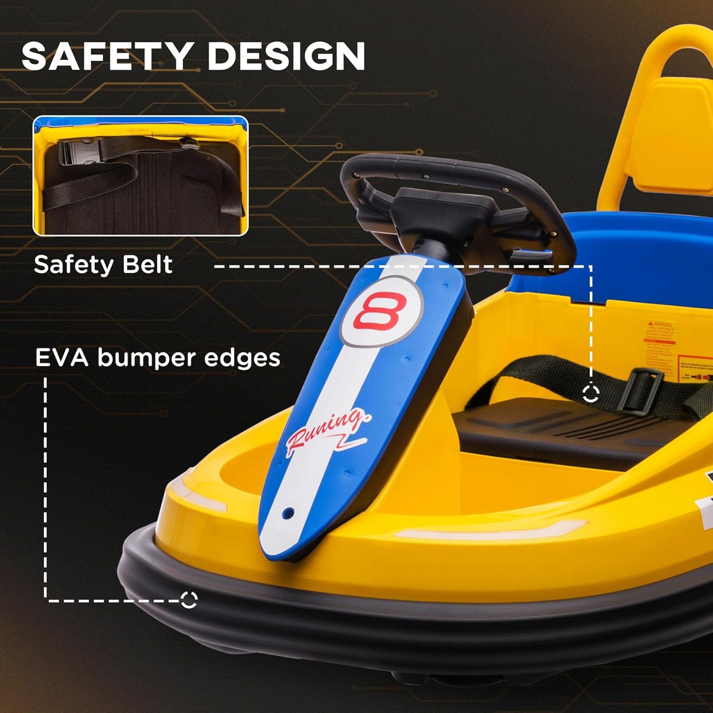 Aosom Toddler Bumper Car, 360° Rotation 6V Kids Electric Ride on Bumper Car with EVA Bumper Edges, Twins Motor, Songs, Horn, LED Lights, Safety Belt for 18-48 Months, Yellow