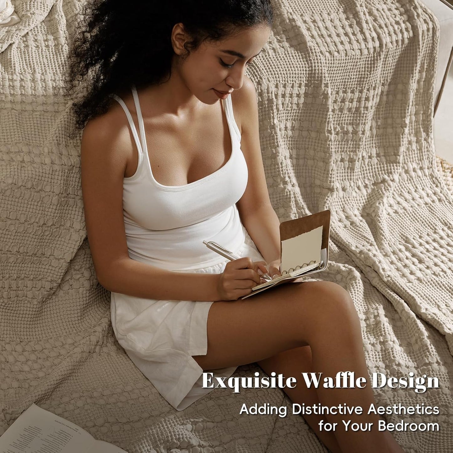 PHF 100% Cotton Waffle Weave Blanket Queen Size, Soft Lightweight Breathable Cozy Summer Blankets for Bed, Luxury Aesthetic Woven Bedding for Home Decor, 90"x90", Simply Taupe