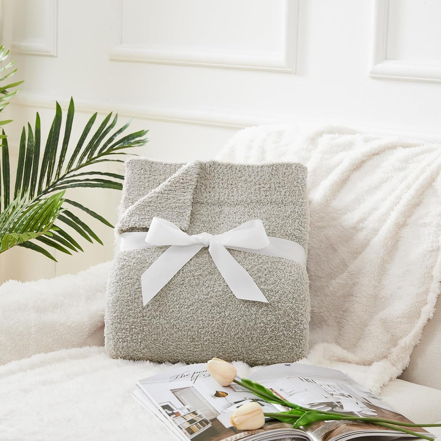 CYMULA Super Soft Knit Throw Blanket Twin Size Light Grey-Lightweight Plush Fuzzy Fluffy Warm Cozy Blankets and Throws for Sofa Bed All Season Use, 60x80 inches