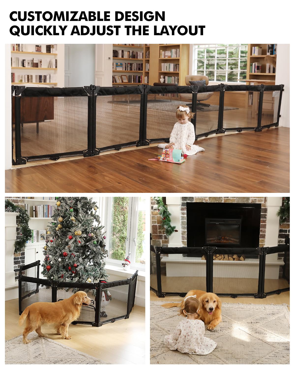 Extra Wide Baby Gate Playpen with Heat-Resistant Mesh,6 Panel Foldable Baby Fence,Indoor/Outdoor Safety Barrier,Dog Playpen & Fireplace Gate