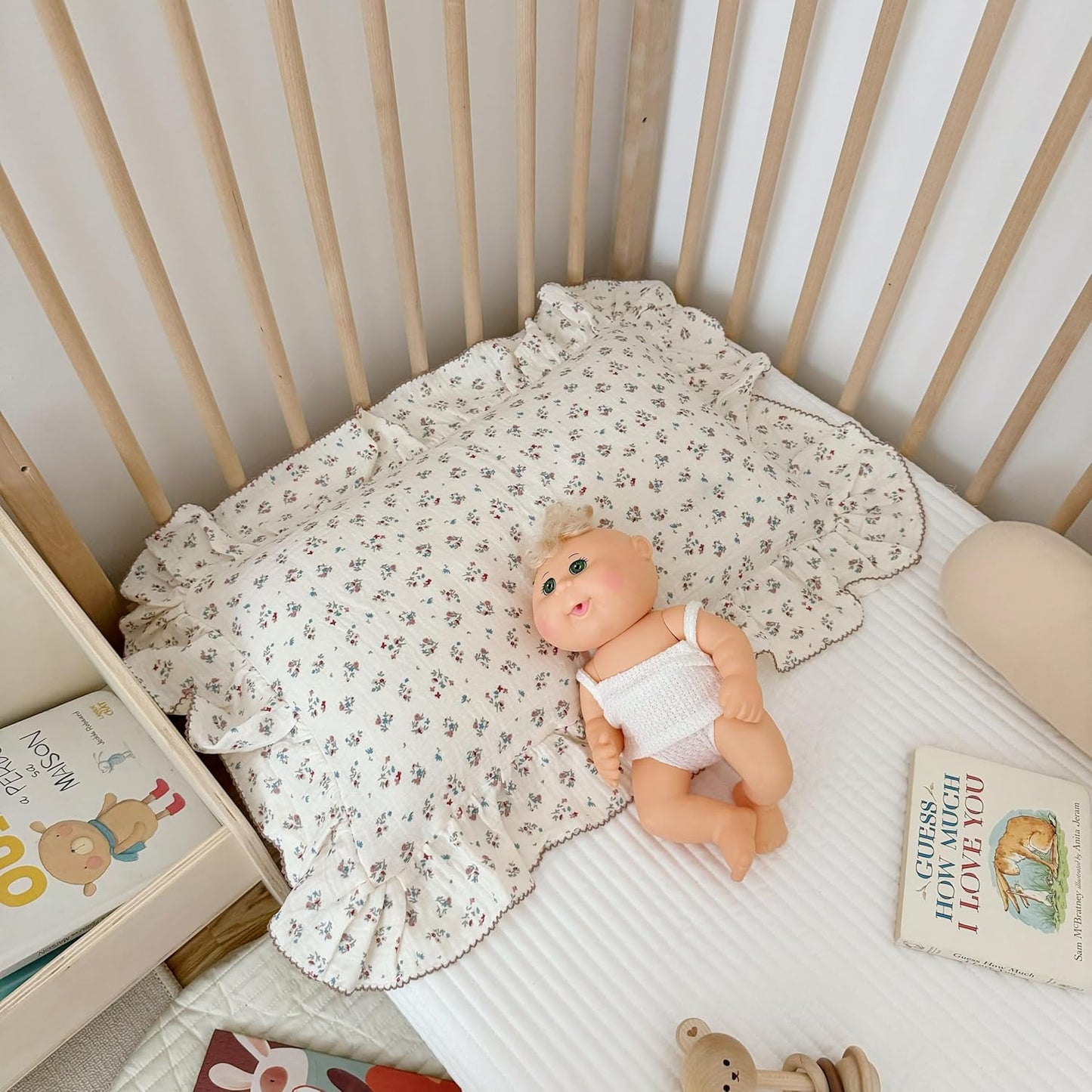 BuLuTu Cute Floral Print Pillowcases for Toddler Girls Boys, 14"x20", 1 pc, 2 Layers Muslin Cotton Pillow Cases for Crib Toddler Bed Pillow Cover, Envelope Closure, Machine Washable