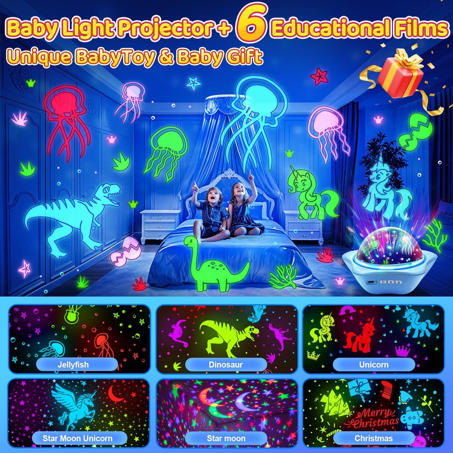 Jellyfish Baby Night Light Projector, Dinosaur+Jellyfish+Unicorn Night Light Projector, 96 Projection Options+USB Rechargeable Baby Sleeping Toys Baby Gifts,Jellyfish Lamp Baby Toys Baby Gifts Newborn