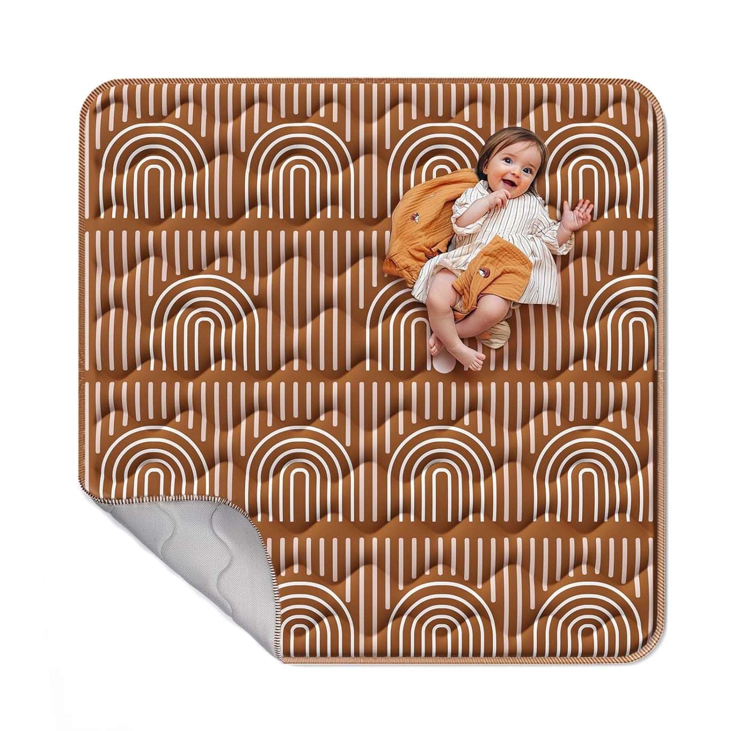 Soft Thicker Baby Mat for Floor 50"x50", Non-Slip Baby Play Mat, Easy to Clean 50x50 Playpen Mat, Portable Playmat, Crawling Mat for Infants, Babies, Toddlers, Activity Mat, Rainbow, Brown