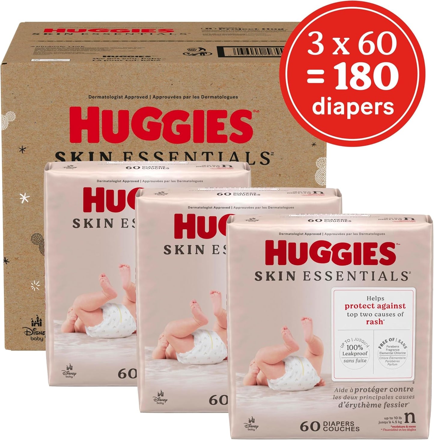 Huggies Size Newborn Diapers, Skin Essentials Baby Diapers, Size Newborn (6-9 lbs), 180 Count (3 Packs of 60), Packaging May Vary