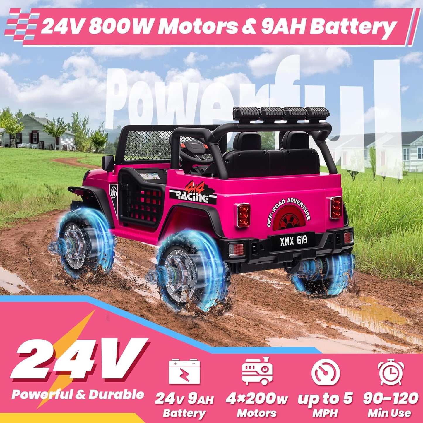 24V 4WD Ride on Truck Car w/800W Motors, Gift Flower, Remote Control, 2 Seaters, Light Bar, 3 Speeds, Pop Music, Power Four Wheels, 24 Volt Ride on Toy Car for Big Kids, Rose Red