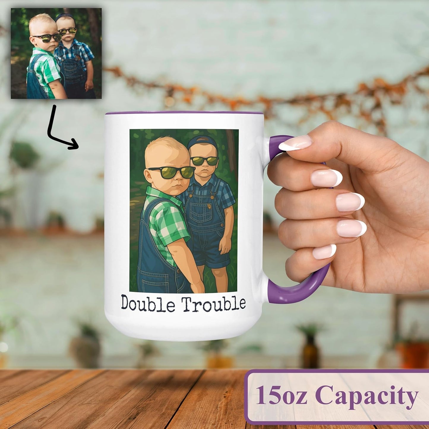 Personalized Coffee Mug, Custom Drawing Portrait Gift, Funny Customized Coffee Gift for Men & Women, Custom Mugs with Pictures, Purple 15oz Customized Ceramic Tea Cup