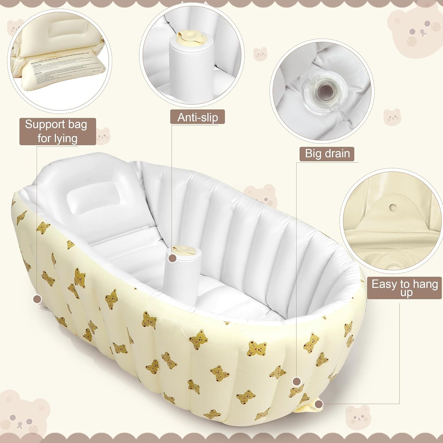 Mink Newborn to Toddler Bath Tub,Inflatable Baby Bathtub with Built-in Air Pump,Portable Travel Shower Basin with Back Support, Deflates and Folds Easily (Bear tub)