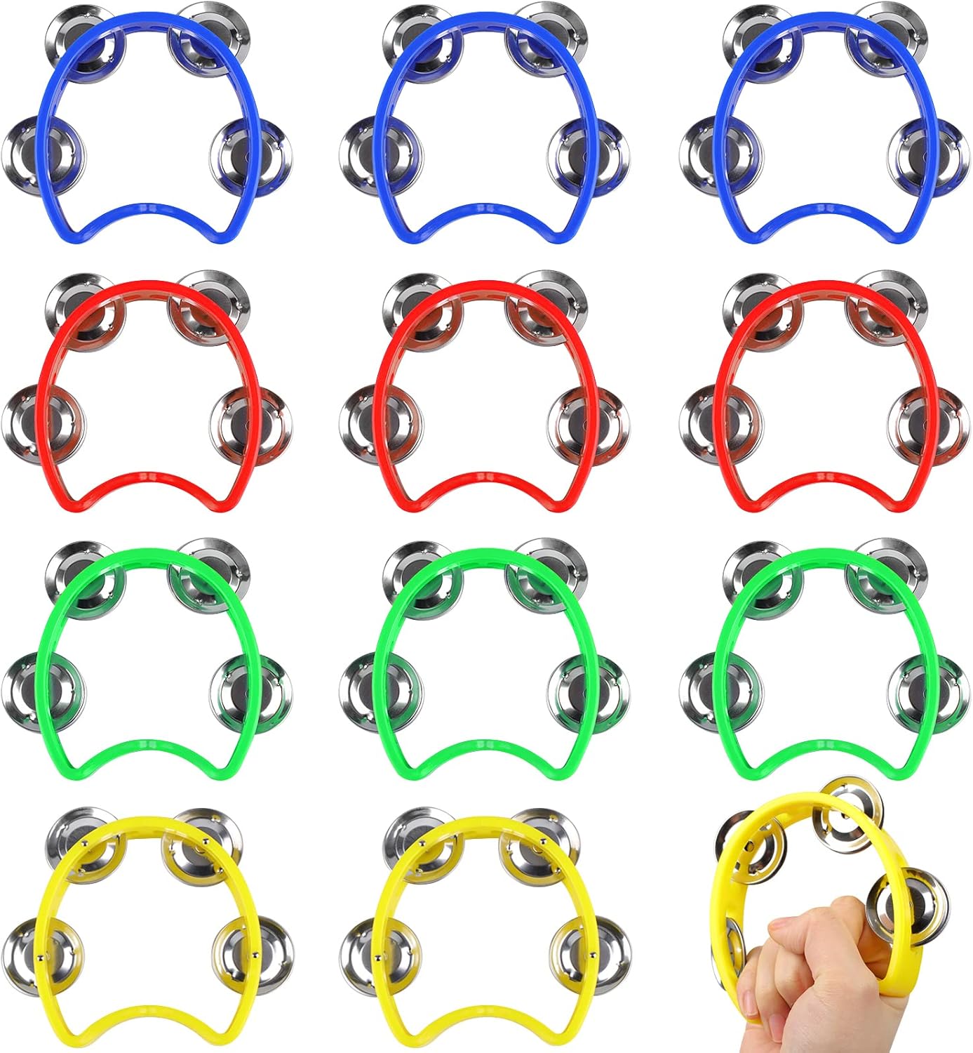 12 Pack Plastic Percussion Tambourine Hand Tambourine Bells, Mini Percussion Tambourines Bulk Hand Held Percussion Drum Musical Rhythm Instrument for Adults Kids Party Supplies(4 Colors)