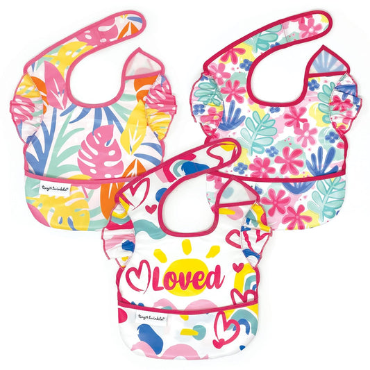 Tiny Twinkle Mess Proof Baby Bibs for Eating - Waterproof, Wipeable Bibs - Toddler Bibs - Travel Friendly - PFAS, PVC, BPA, Phthalate Free - Baby Food Bibs(3 Pack, Loved Girl)