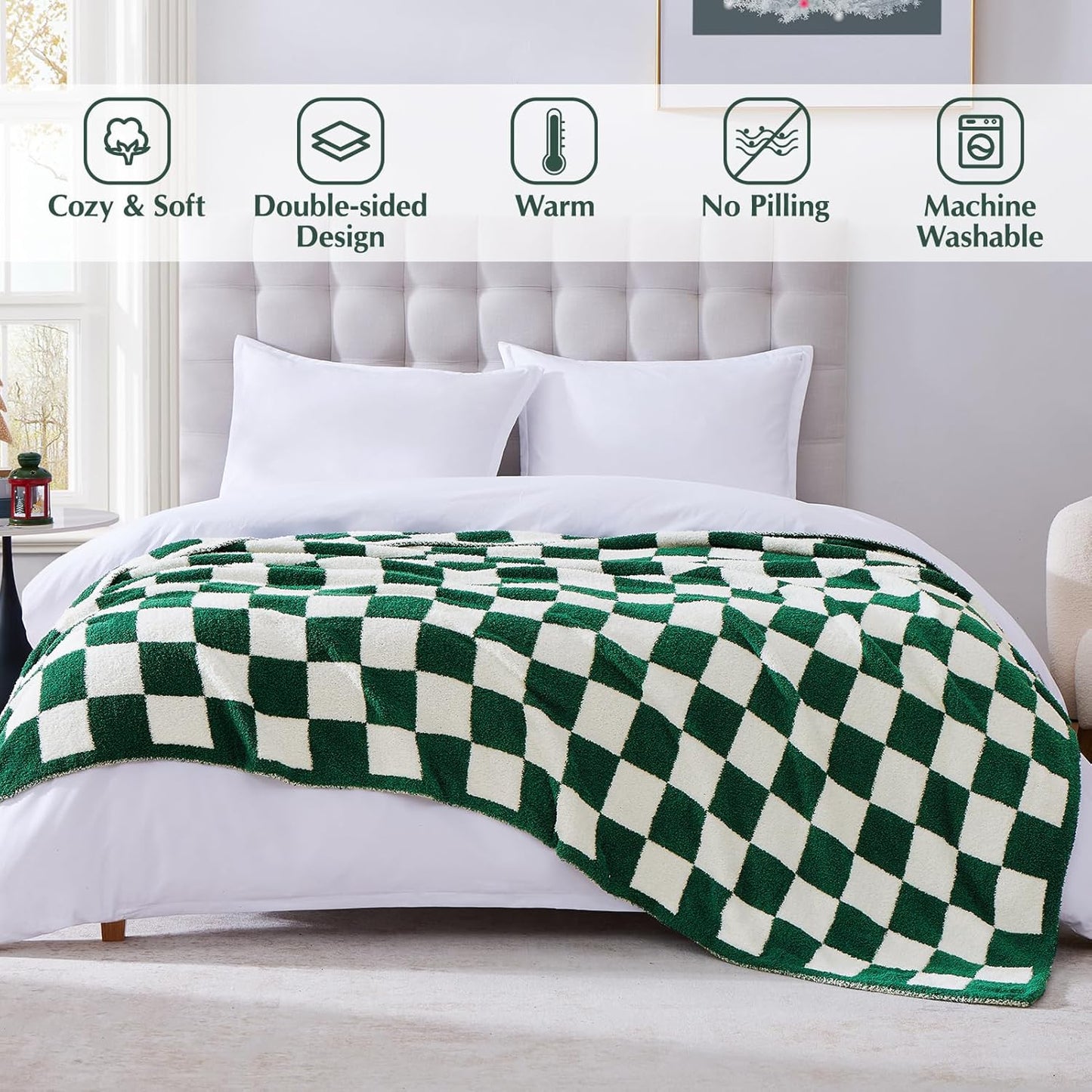 WRENSONGE Checkered Throw Blanket, Avocado Green Soft Cozy Fluffy Warm Hand Made Throw Blankets for Couch, Sofa, Chair, Bed, Camping, Picnic, Travel Lightweight Bed Blanket - 60"*80"