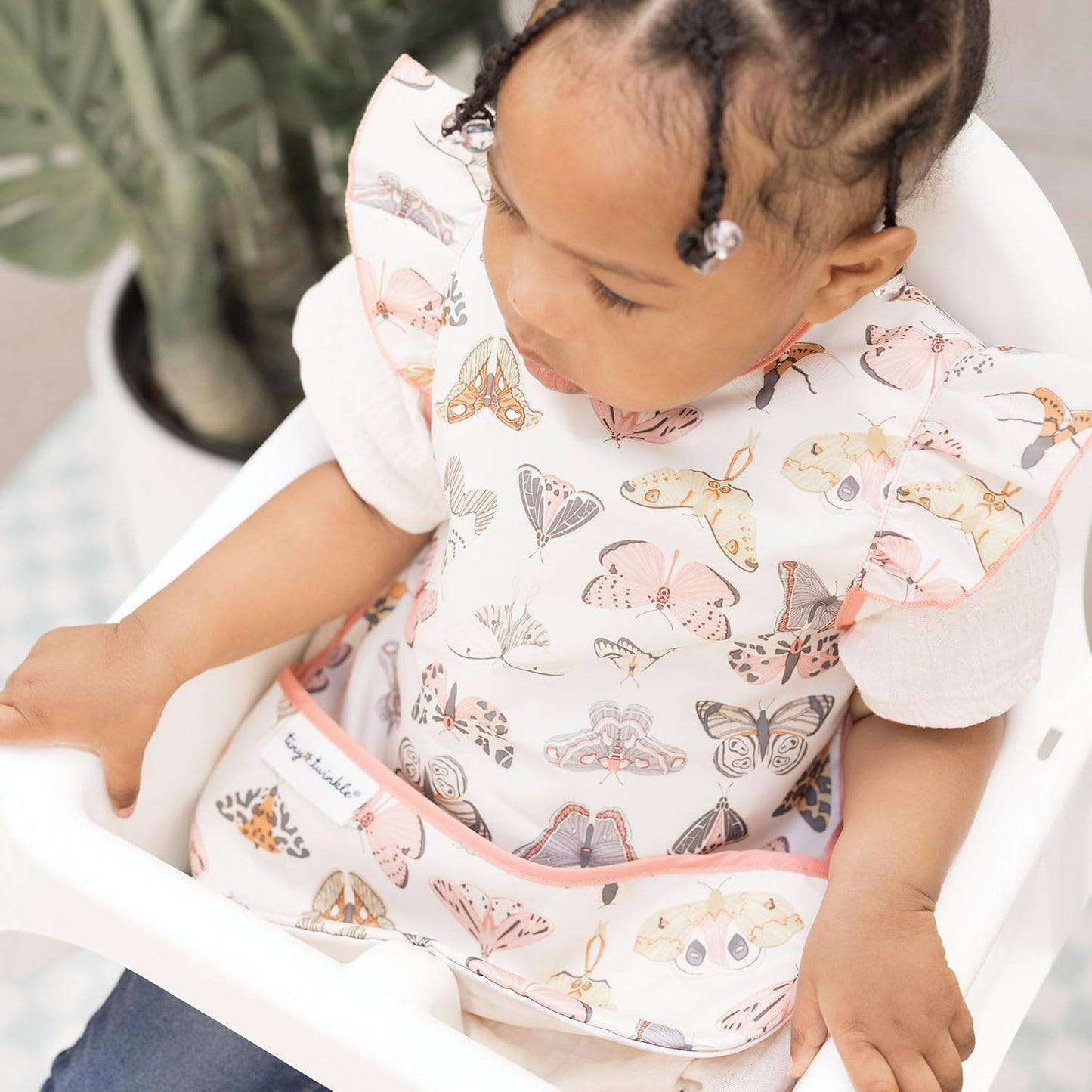 Tiny Twinkle Mess Proof Baby Bib - Waterproof & Lightweight Baby-Led Weaning Apron | 100% Recycled Polyester, Easy Clean & Machine Washable (Flutter, Small 6-24 Months)