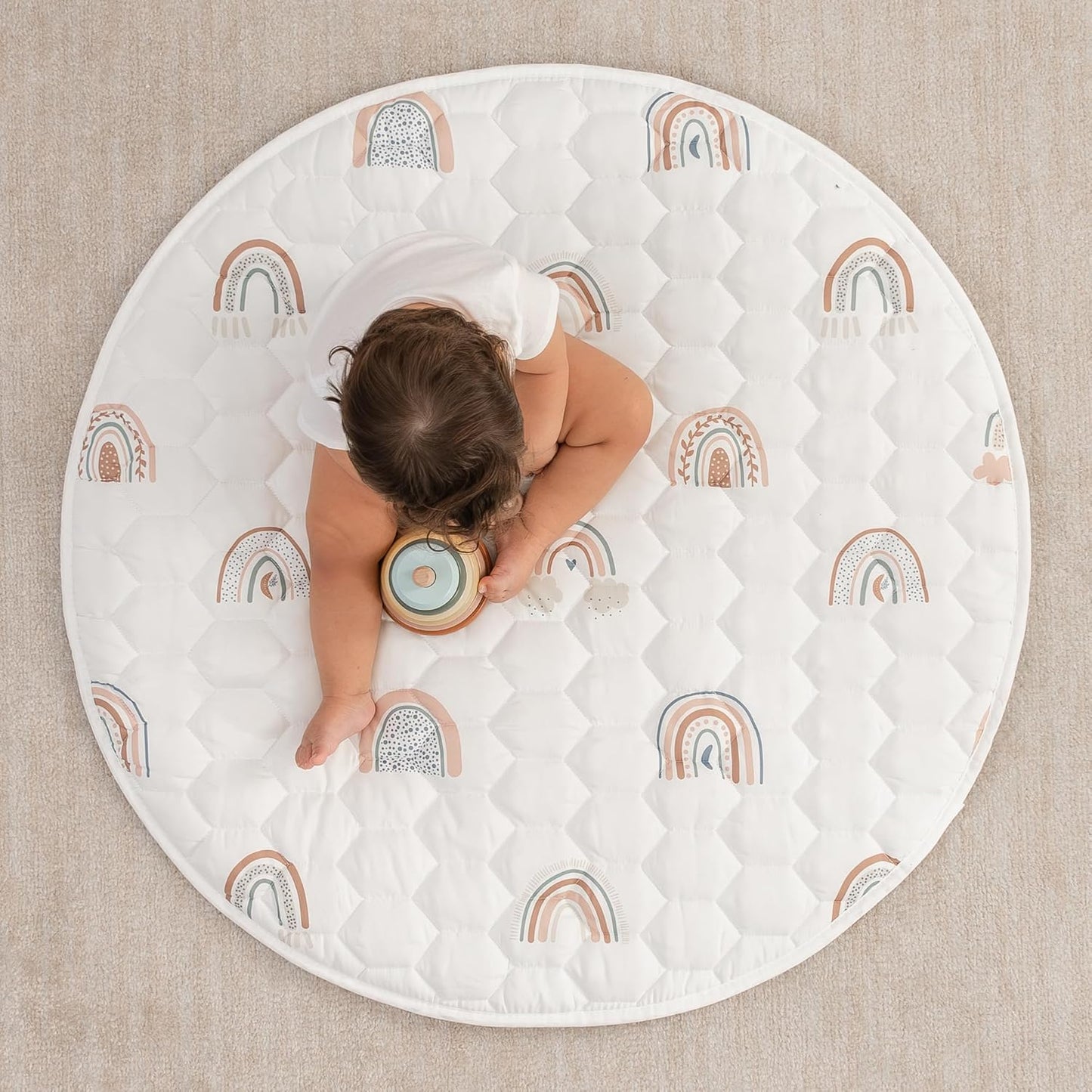 Comfy Cubs Round Kids Play Mat -Small 36 inches Soft Quilted Baby Floor Mat with Non-Slip Bottom - Plush Design for Toddlers' Playtime and Relaxation - Comfortable and Durable - Rainbow