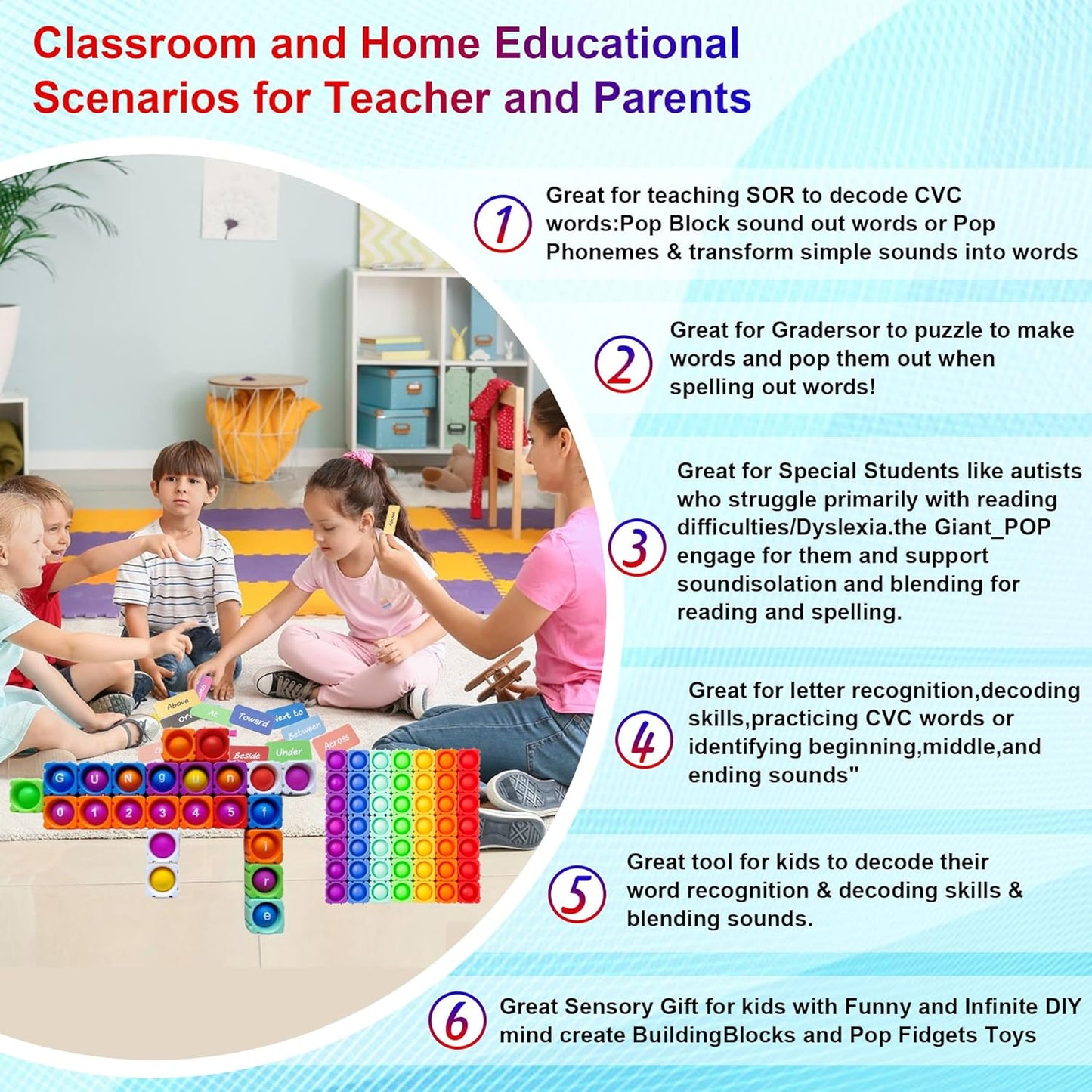 Huge Bubble MultiSensory Uppercase Alphabet POP Fidget Blocks, Classroom Pop Building Blocks。Loud Pop Sounds。Play-to-Learn Reading for Letter Recognition&Phonics &Word-Spell。Gift for Kids age3-8