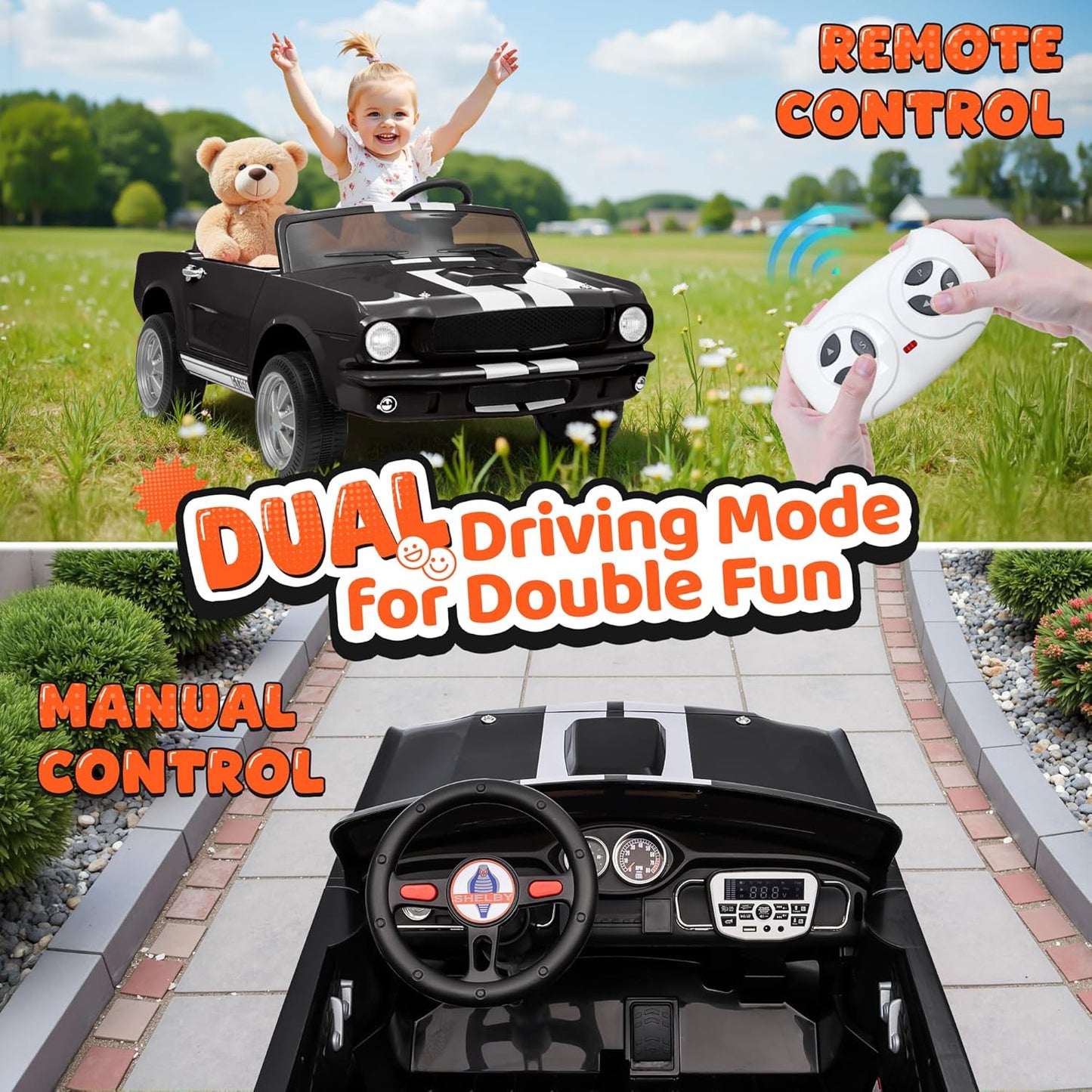 24V 2 Seater Ride on Toys, Licensed Shelby Cobra Kids Power Car Wheeler Ride On Toy w/ 2WD/4WD Switchable, Remote Control, 19" Spacious Seat, 4 Spring Suspension, Music, Bluetooth