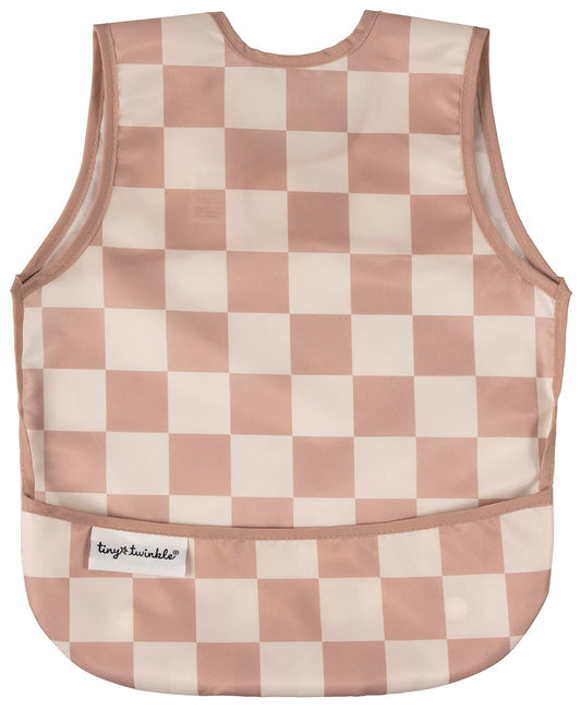 Tiny Twinkle Mess Proof Baby Bib - Waterproof & Lightweight Baby-Led Weaning Apron | 100% Recycled Polyester, Easy Clean & Machine Washable (Brown Checkers, Small 6-24 Months)