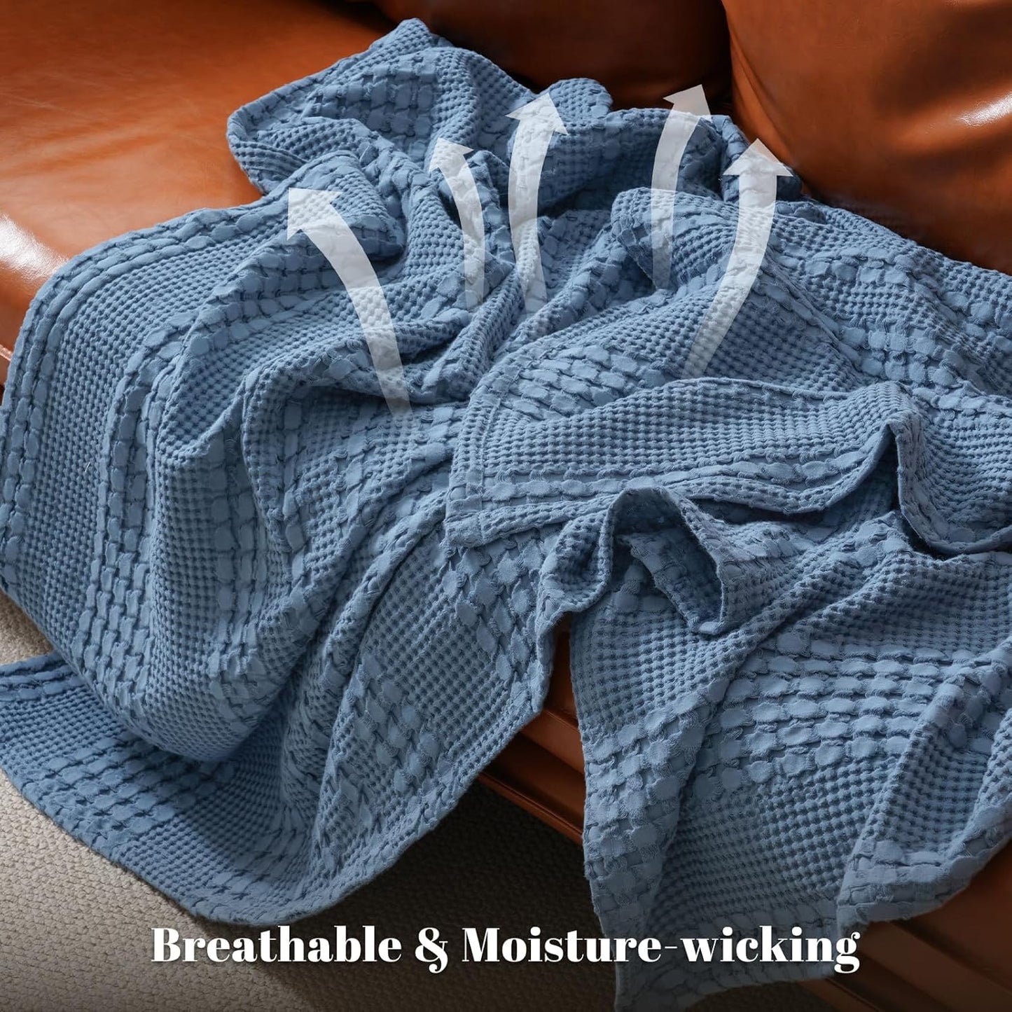 PHF 100% Cotton Waffle Weave Blanket Queen Size, Soft Lightweight Breathable Cozy Summer Blankets for Bed, Luxury Aesthetic Woven Bedding for Home Decor, 90"x90", Captain's Blue