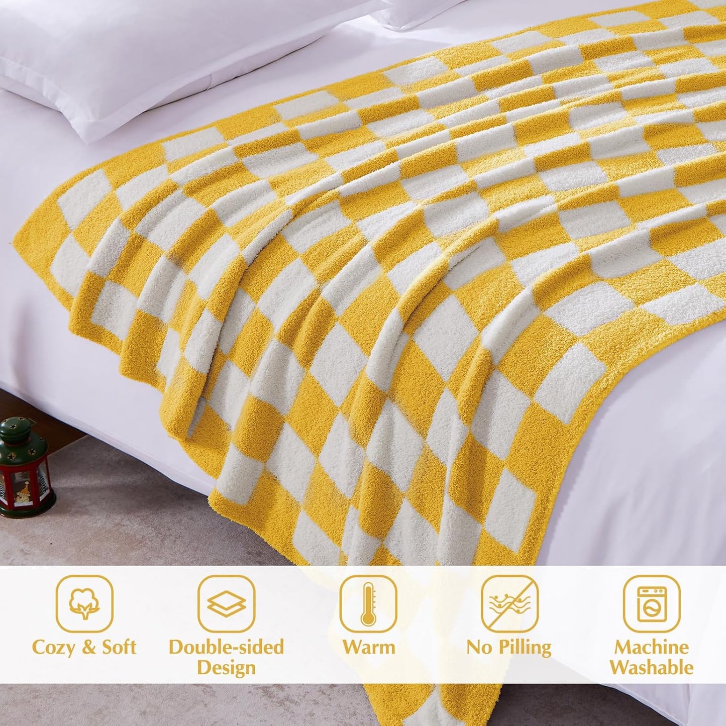WRENSONGE Checkered Throw Blanket, Yellow Soft Cozy Fluffy Warm Hand Made Throw Blankets for Couch, Sofa, Chair, Bed, Camping, Picnic, Travel Lightweight Bed Blanket - 60"*80"