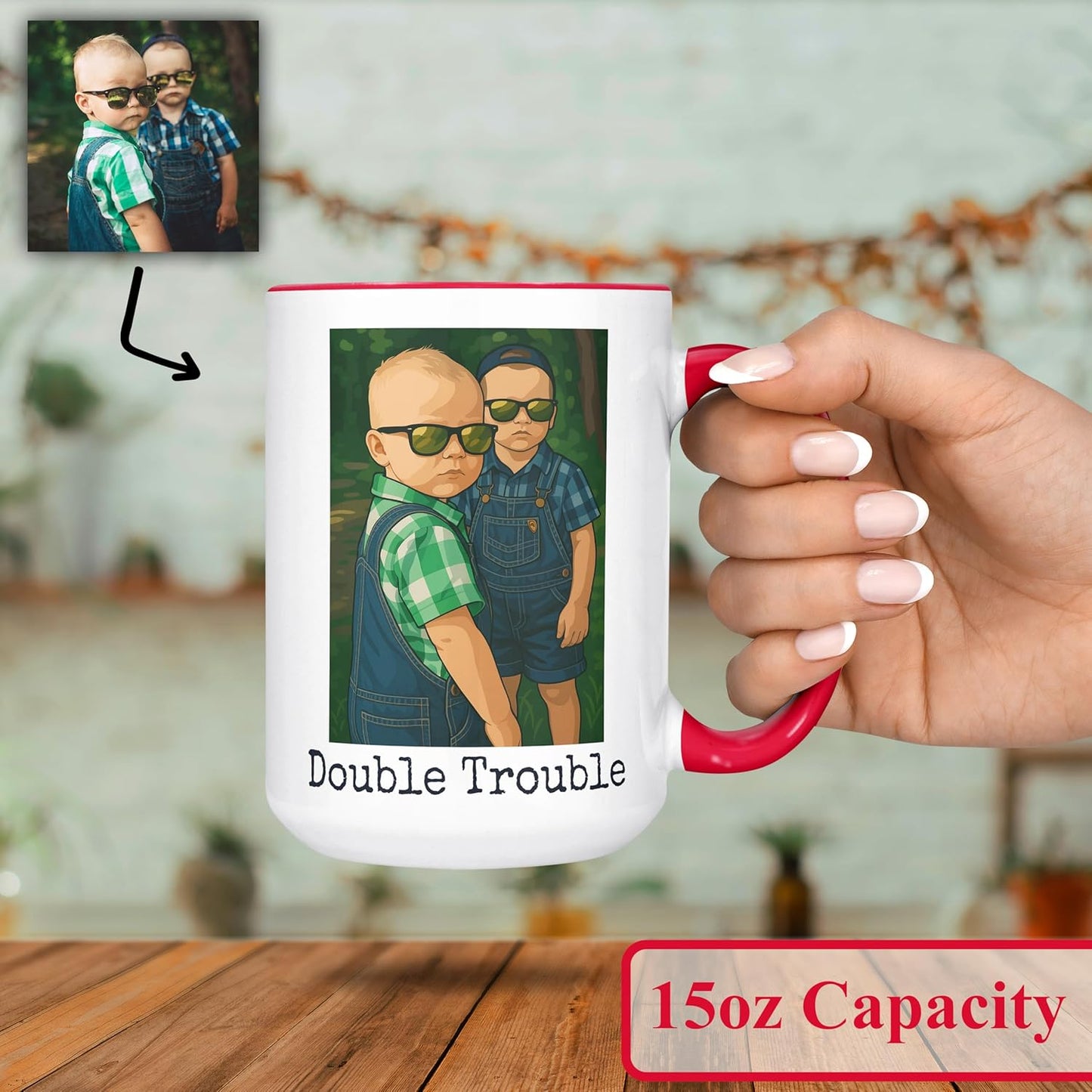 Personalized Coffee Mug, Custom Drawing Portrait Gift, Funny Customized Coffee Gift for Men & Women, Custom Mugs with Pictures, Red 15oz Customized Ceramic Tea Cup
