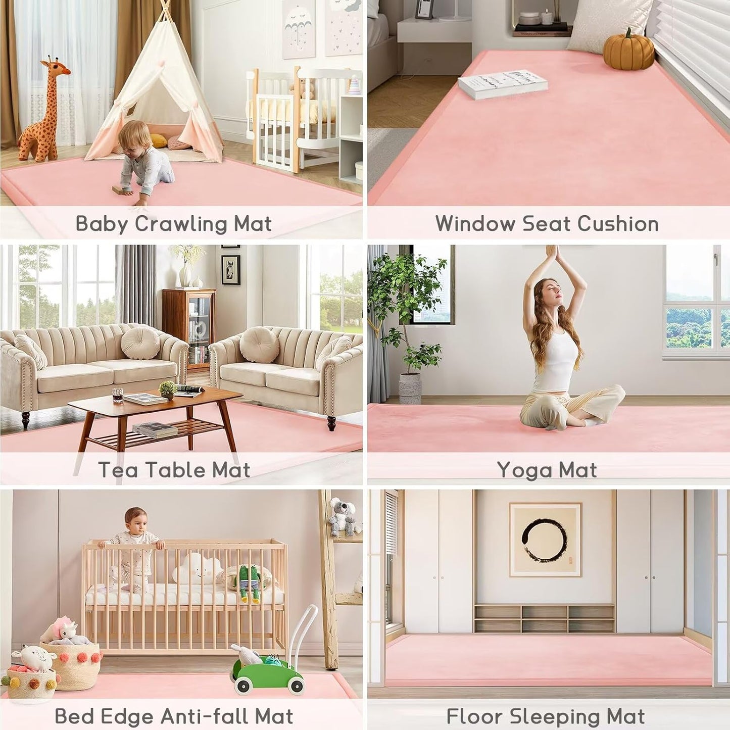 Baby Play Mat for Floor Tummy Time Mat Nursery Rug Muscle Mat Area Rug Playroom Rug Tatami Mat 9'2"x6'7" Memory Foam 1.3" Thick Crawling Mat for Babies,Toddlers, Infants, Kids,Floor Mat(Pink)