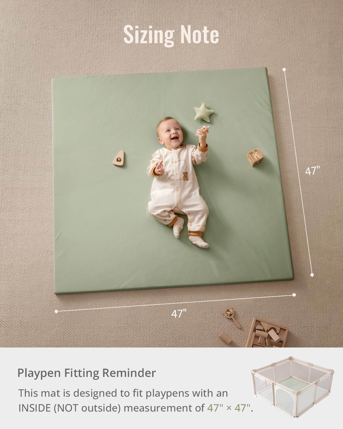 Blissful Diary Vegan Leather Baby Play Mat, 47x47 Thicken Foam Cushioned & Waterproof Playpen Mat for Infants and Toddlers, Stylish and Just Wipe-Clean Playmat for Baby Play on Floor, Light Green