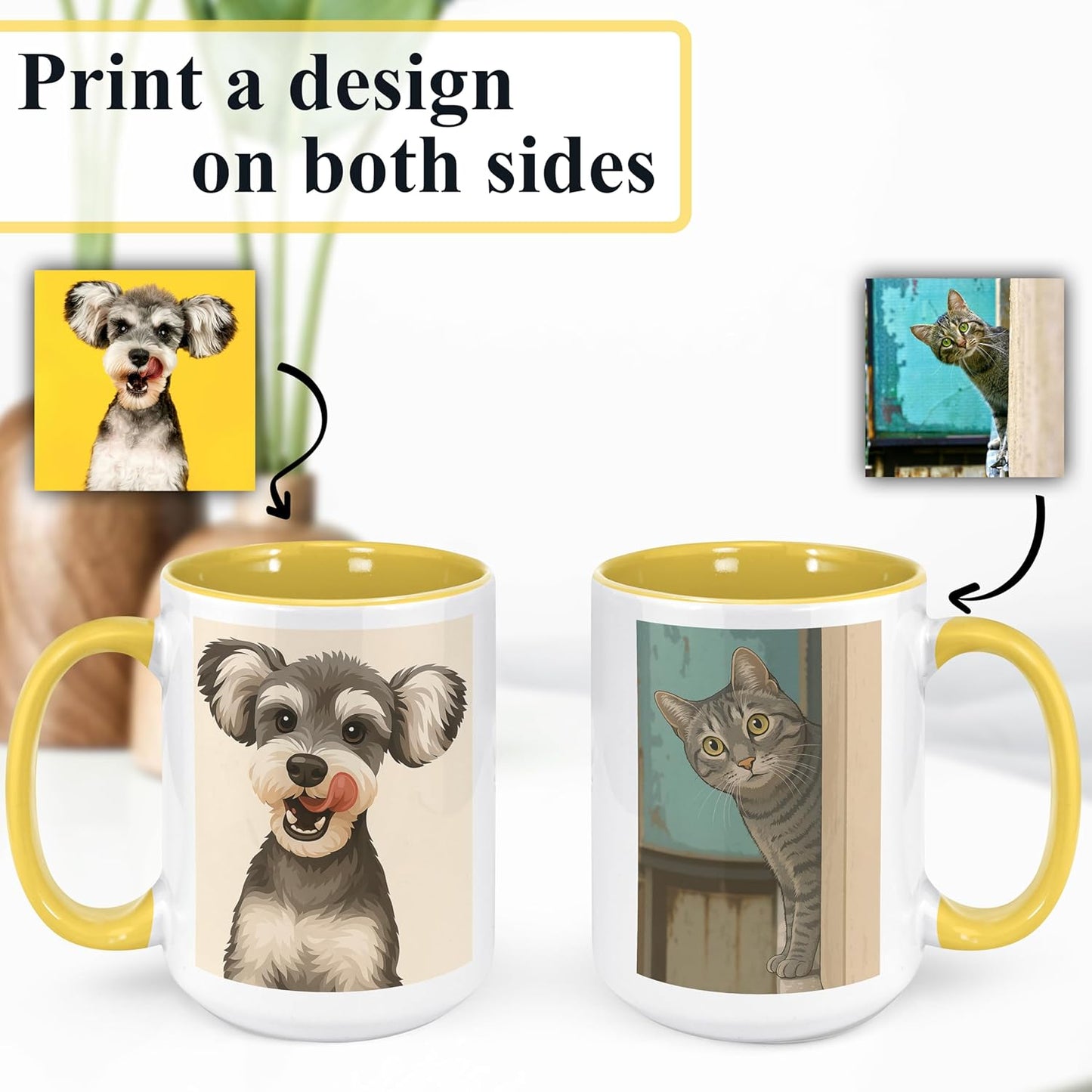 Personalized Coffee Mug, Custom Drawing Portrait Gift, Funny Customized Coffee Gift for Men & Women, Custom Mugs with Pictures, Yellow 15oz Customized Ceramic Tea Cup