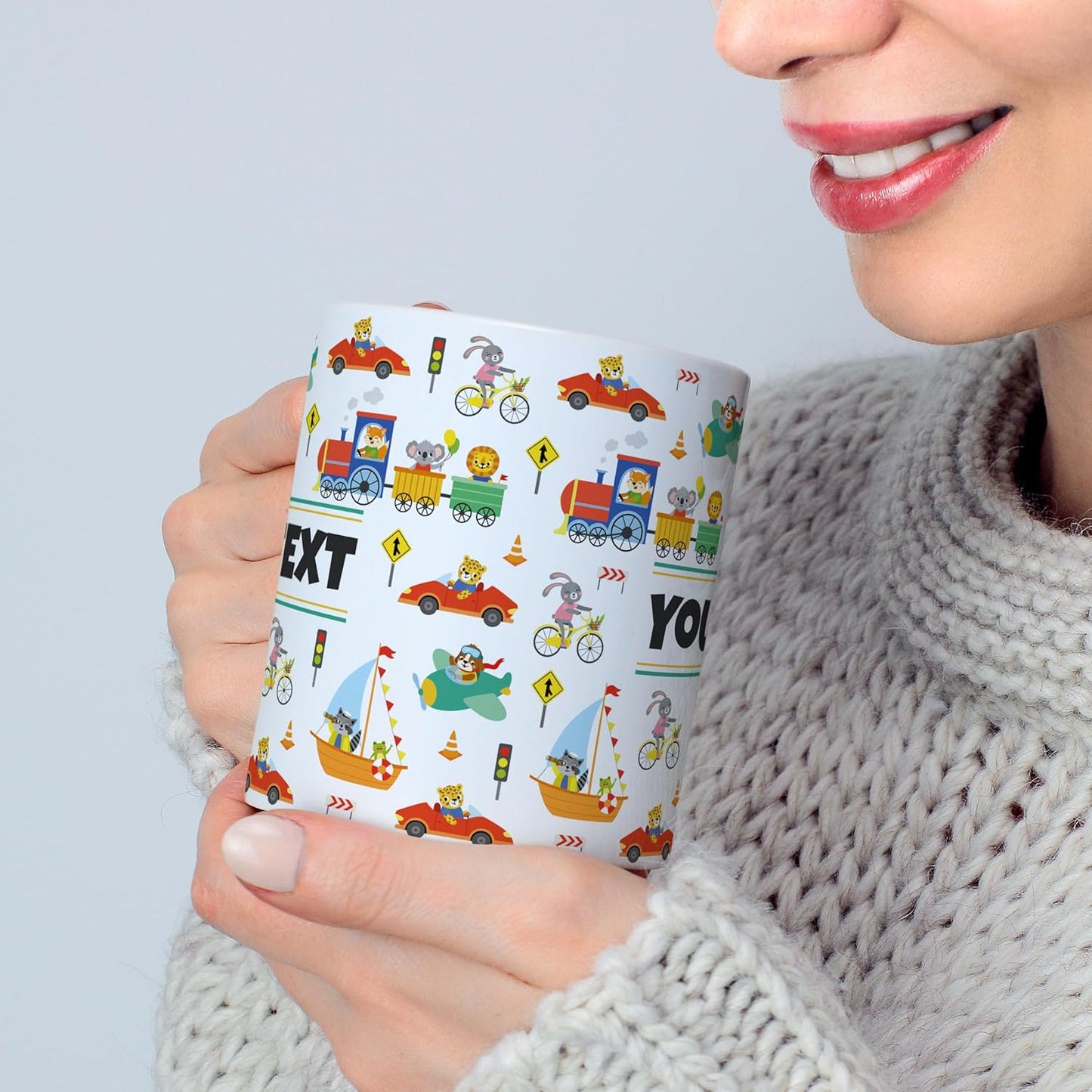 Personalized Mug for Kids - Vehicles - Custom Name/Text, Ceramic Hot Chocolate/Cocoa/Coffee Cup for Boys, Birthday/Christmas/Holiday Gift - 11 oz, Red Handle