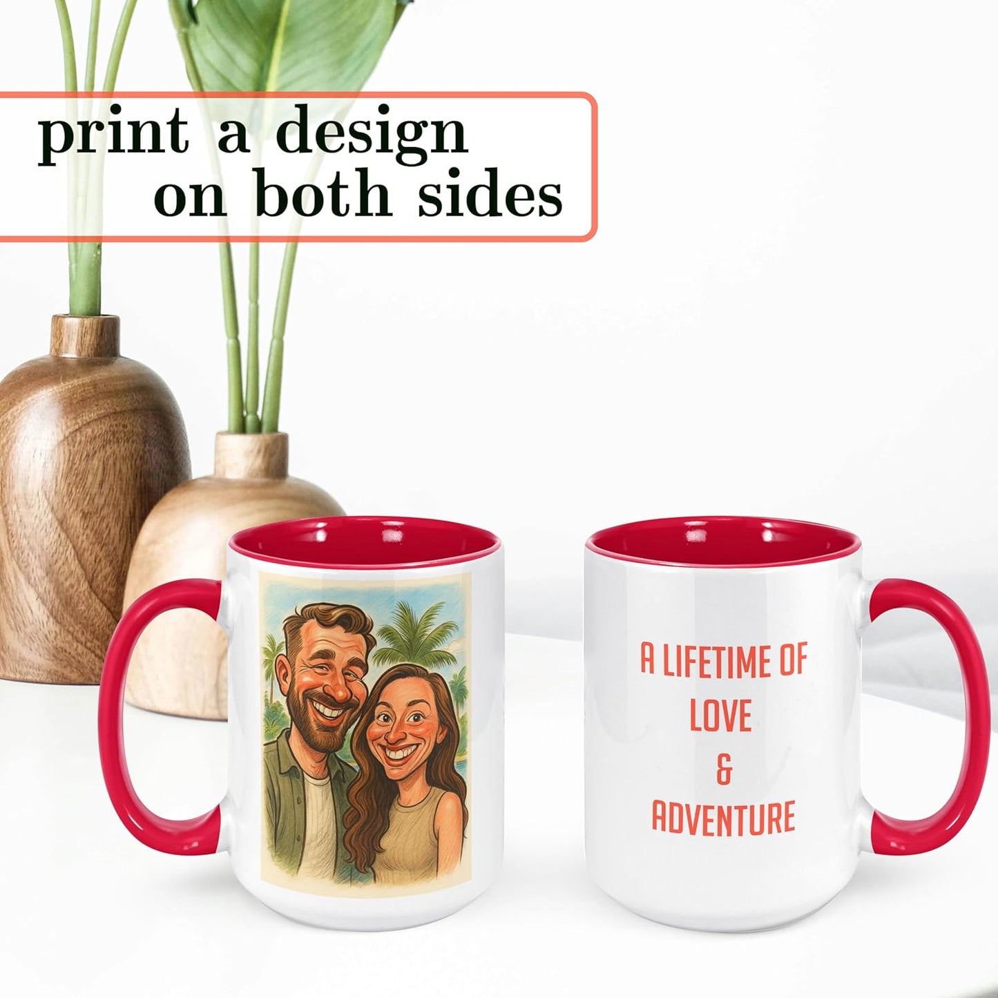 Personalized Coffee Mug, Custom Photo Caricature Gift, Funny Customized Coffee Gift for Men & Women, Custom Mugs with Pictures, Red 15oz Customized Ceramic Tea Cup