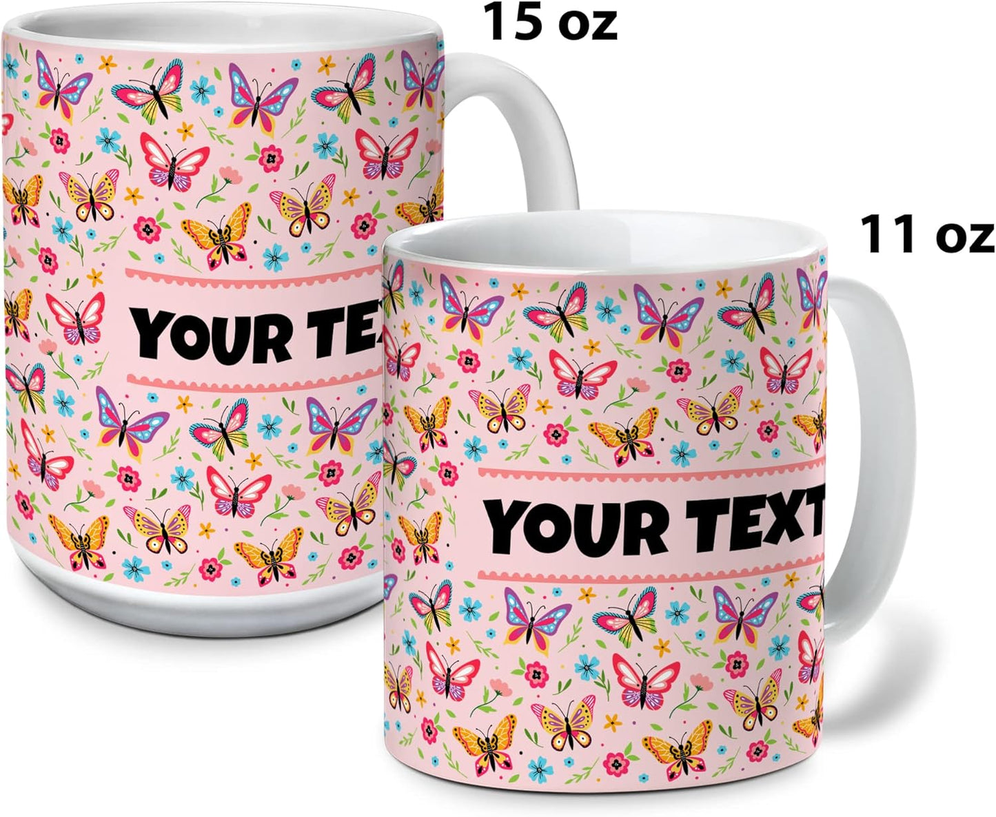 Personalized Mug for Kids - Butterflies - Custom Name/Text, Ceramic Hot Chocolate/Cocoa/Coffee Cup for Girls, Birthday/Christmas/Holiday Gift - 15 oz, Black Handle