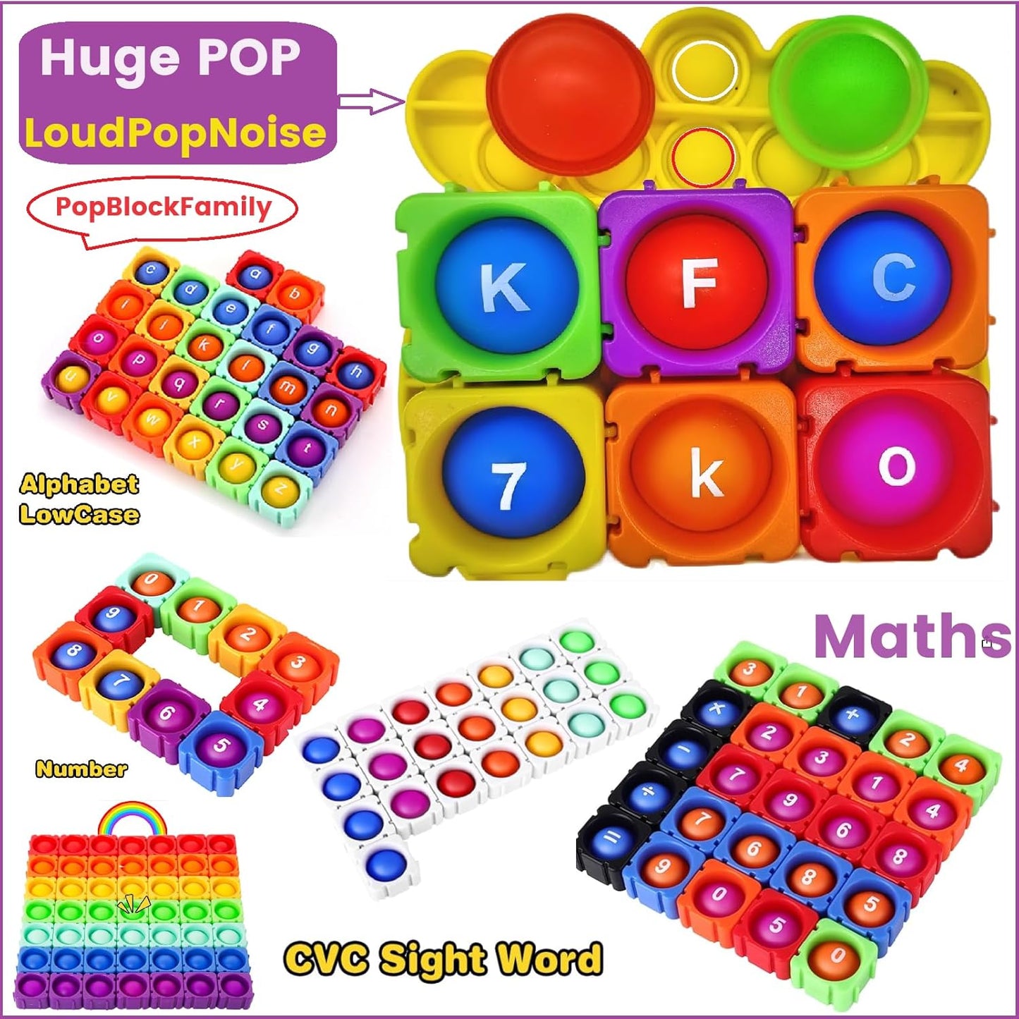 Huge Bubble MultiSensory Uppercase Alphabet POP Fidget Blocks, Classroom Pop Building Blocks。Loud Pop Sounds。Play-to-Learn Reading for Letter Recognition&Phonics &Word-Spell。Gift for Kids age3-8