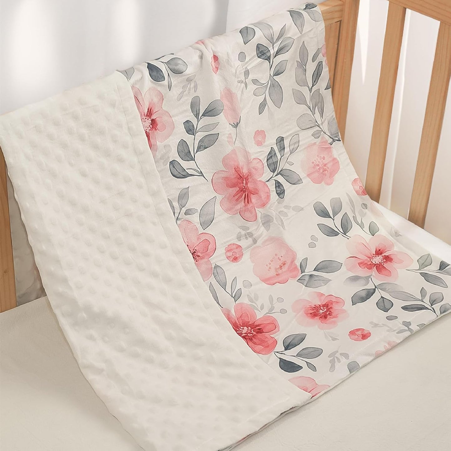 Floral Minky Baby Blanket 30 x 40 Inches for Boys Girls, Soft Plush Receiving Blanket with Dotted Back, Gift for Toddler Newborn Infant Christmas Birthday Baby Shower