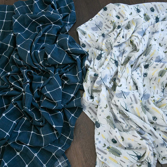 GRACED SOFT LUXURIES Premium Muslin Baby Swaddle Blankets 2 Pack | Large 47 x 47 inch | 100% Cotton Muslin Newborn Infant Swaddle Receiving Blanket Wrap (Busy Bugs | Dotted Grid)