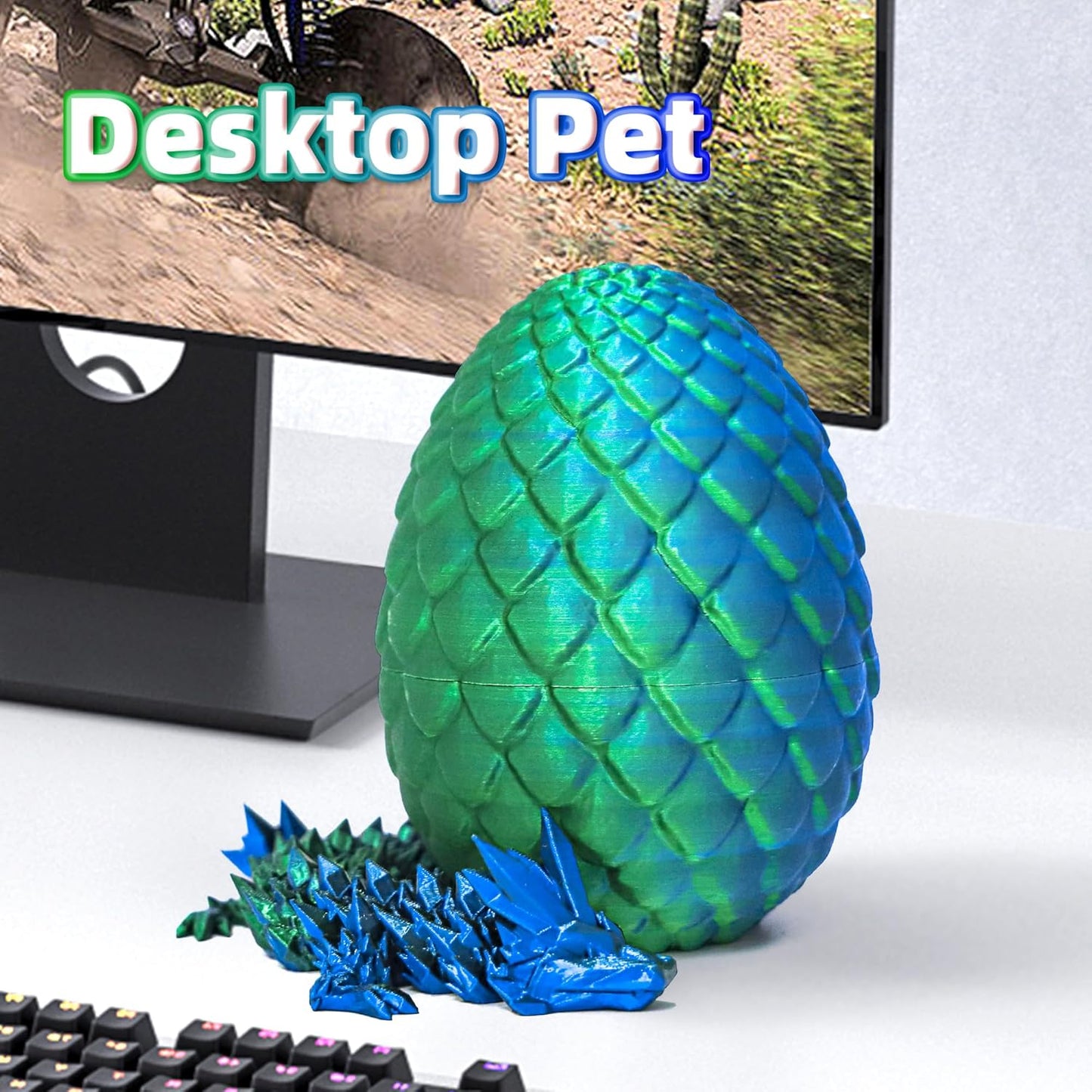 Dragon Egg - 3D Dragon Egg with Flexible Pearly Sheen Dragon Inside, 3D Printed Surprise Gift, Articulated Dragon Egg Fidget Toy, Dragon Figurine Decor (12” Dragon,Green Mix Blue)