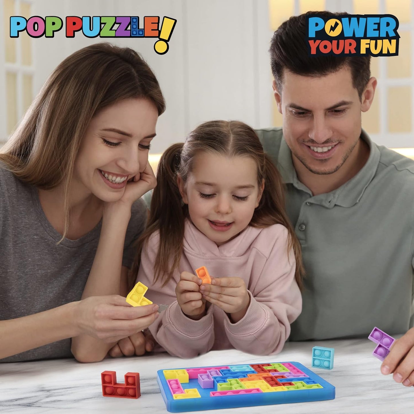 Power Your Fun Pop Puzzle Popper Fidget Game - 27pc Jigsaw Puzzle Game Pop Push It Bubble Sensory Fidget Toys for Learning, Stress Relief Silicone Pop Puzzle Game Board for Kids and Adults (Blue)