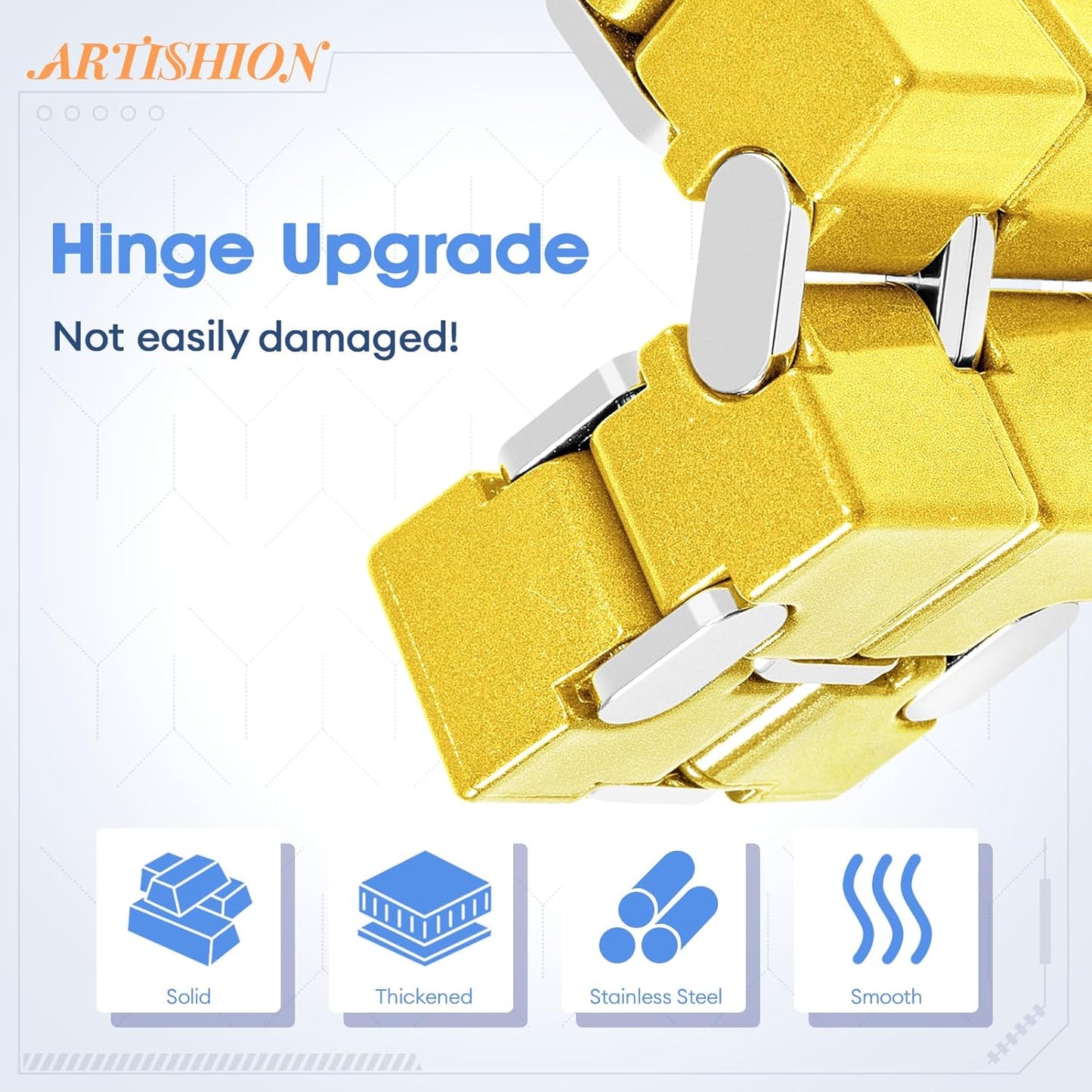 Fidget Cube, Zinc Aolly Metal Infinity Cube Fidget Desk Toy, Punk Style Design With Exquisite Case, Durable and Heavy Cool Gadgets, Adult Fidget Toys for Alleviate Stress and Anxiety(Yellow)