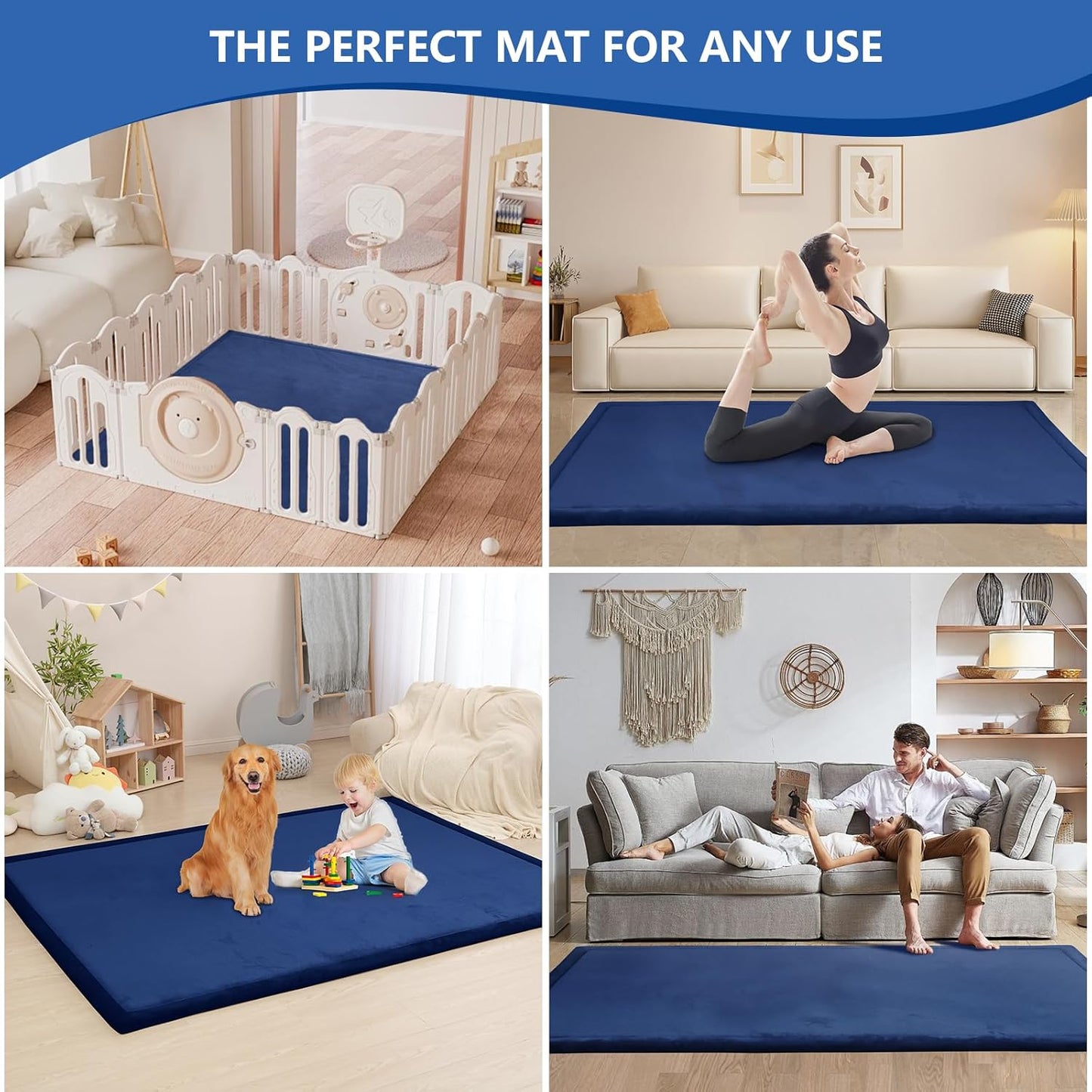 Baby Play Mat for Floor,1.3" Thick Memory foam Tummy Time Mat,Soft Coral Velvet Nursery Rug,Extra Large Non Slip Crawling Mat for Toddlers,Infants,kids,Yoga Mat,Tatami Mat for Living Room(Royal Blue)