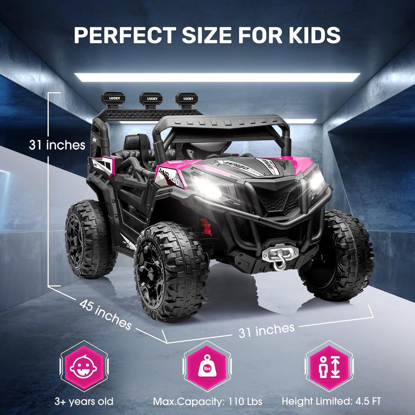 ANPABO 24V 4X4 Ride on Car Truck w/Remote Control, 4WD/2WD Switchable Kids UTV, 19" Spacious Seat, 4 Shock Absorbers, Soft Start, Music Player, Electric Car for Kids Ages 3+(Pink)