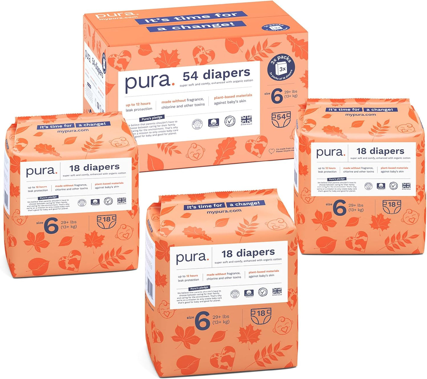 Pura Size 6 Eco-Friendly Diapers (29+ lbs) Hypoallergenic, Soft Organic Cotton, Sustainable, up to 12 Hours Leak Protection, Allergy UK, Recyclable Paper Packaging, 18 Count (Pack of 3) (54 Diapers)