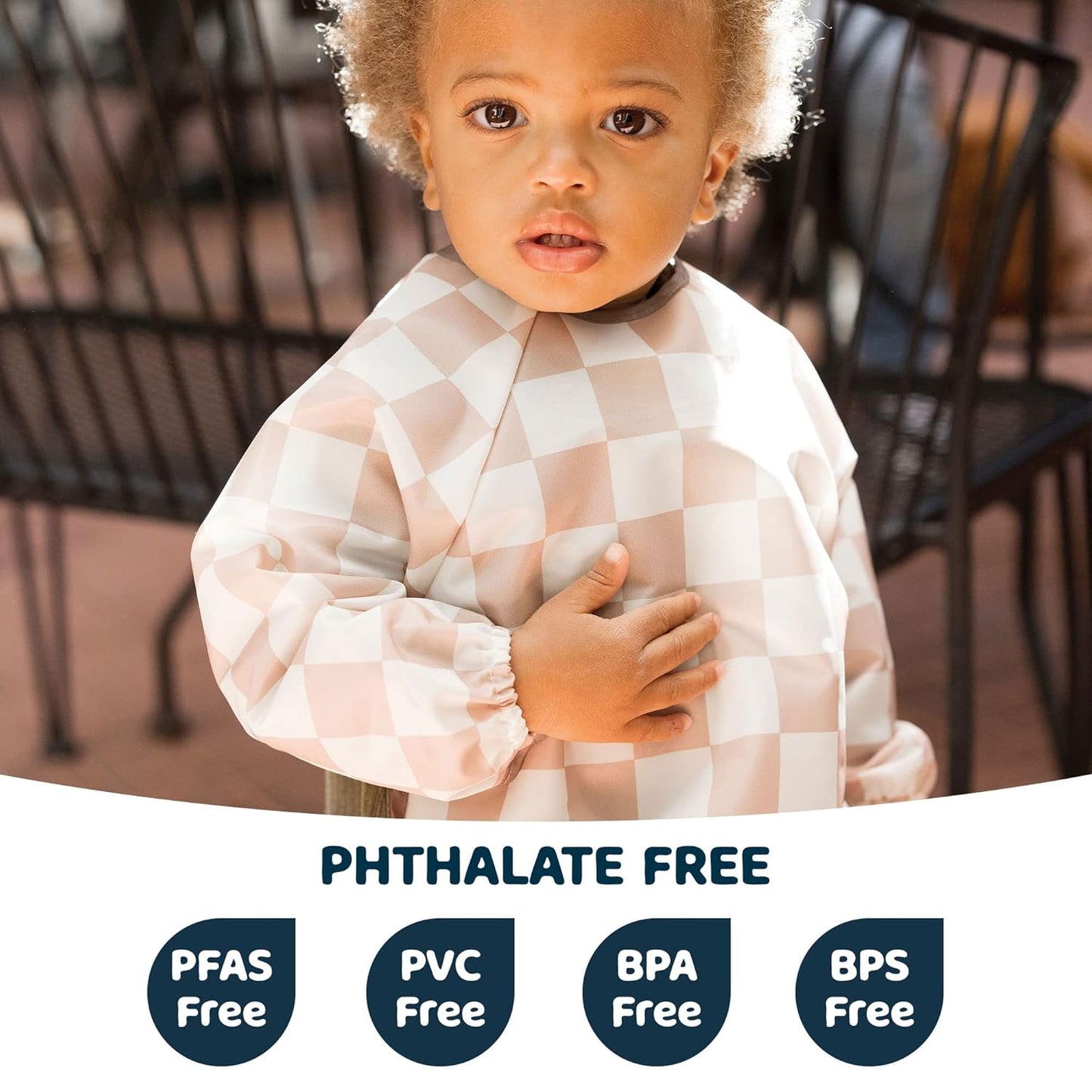 Tiny Twinkle Mess Proof Baby Bib,Waterproof Smock Baby Bib for Eating,Machine Washable Long Sleeve Bib,Baby Led Weaning,Toddler Bib,BLW Supplies(Checkers Brown, Small 6-24 Months)